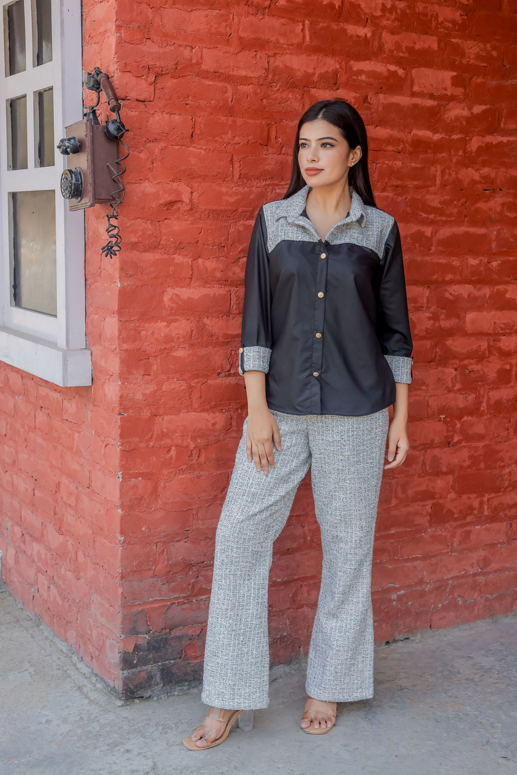 Black & grey tweed shirt with Black and grey houndstooth pants with gold buttons detailing Co ord set ESWSH0020-BLKGB