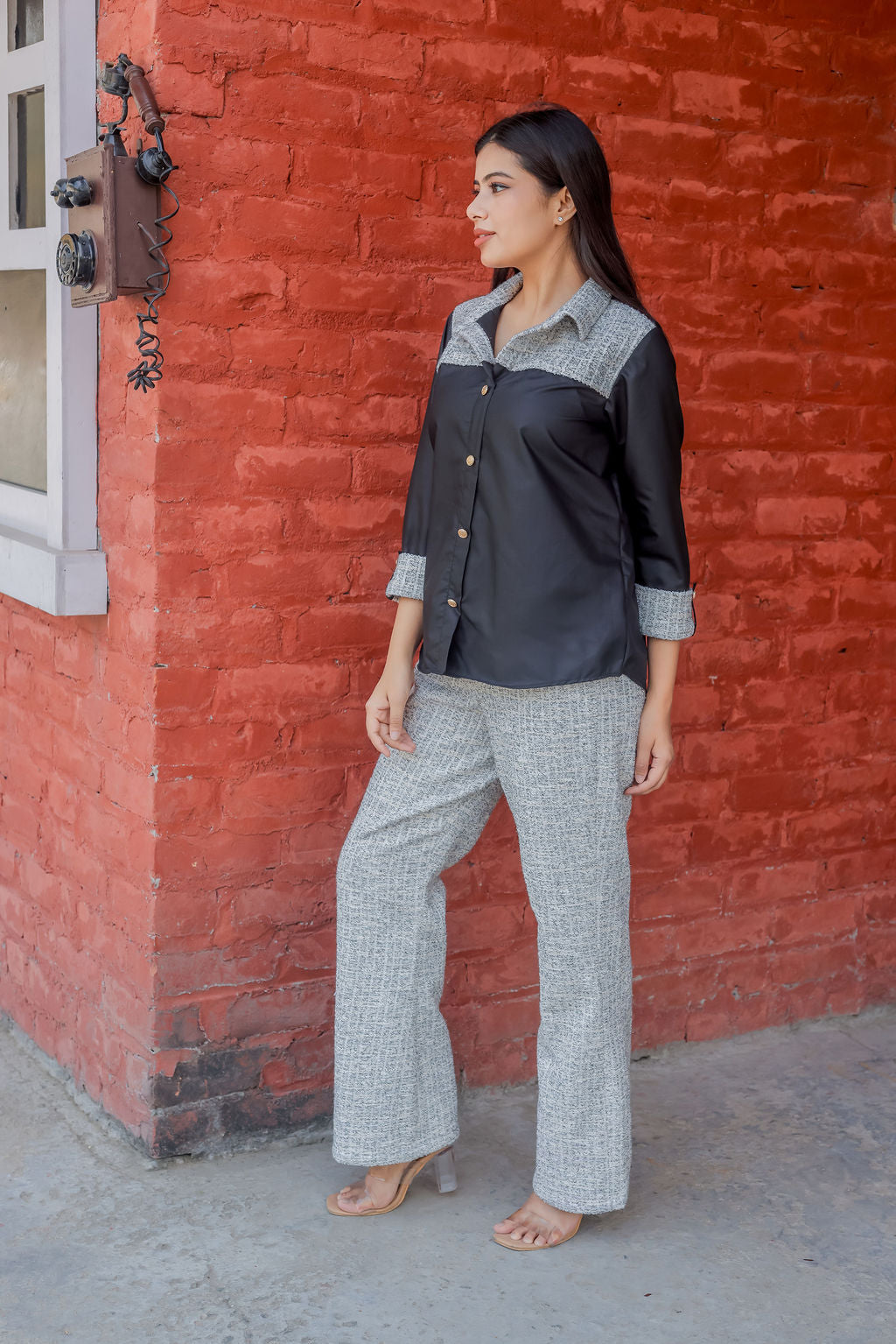 Black & grey tweed shirt with black fabric ESWSH0020-BLKGB
