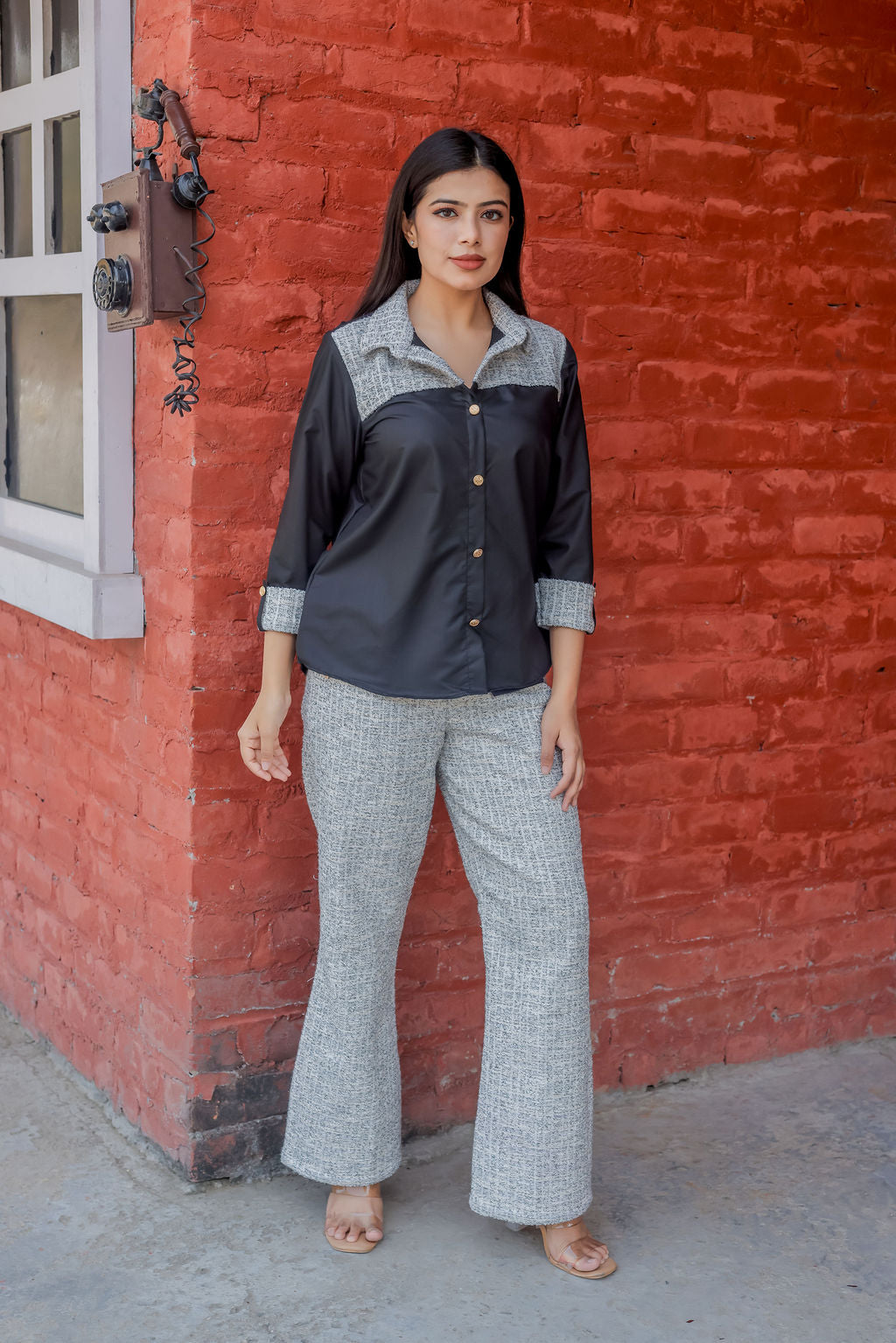Black & grey tweed shirt with Black and grey houndstooth pants with gold buttons detailing Co ord set ESWSH0020-BLKGB