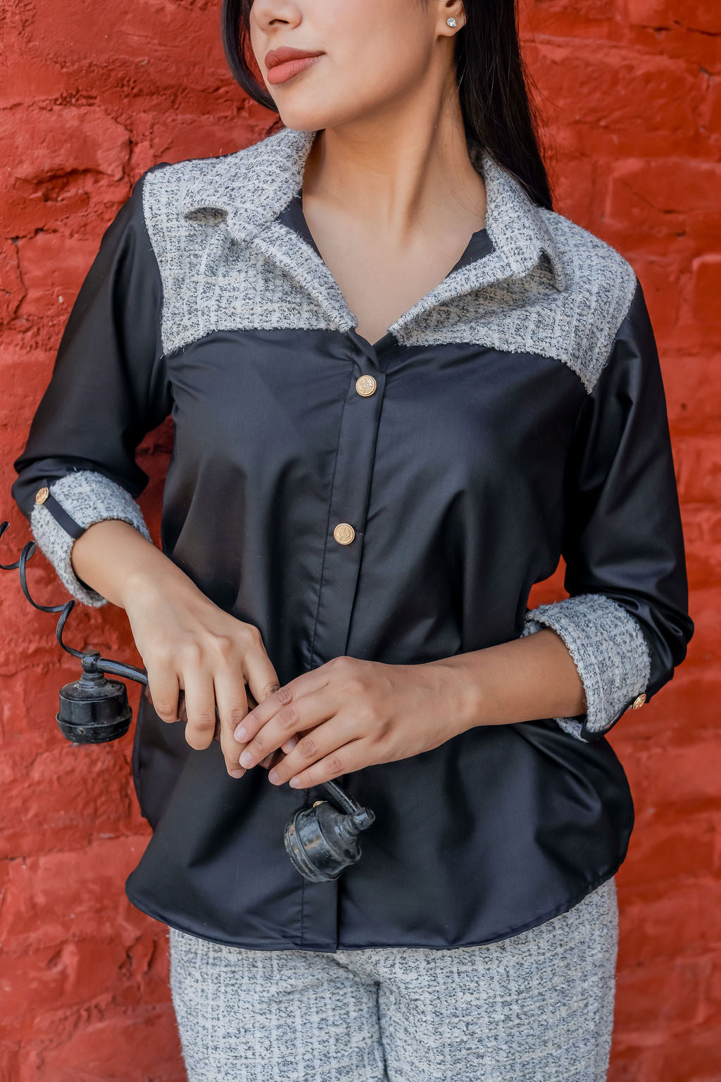 Black & grey tweed shirt with Black and grey houndstooth pants with gold buttons detailing Co ord set ESWSH0020-BLKGB