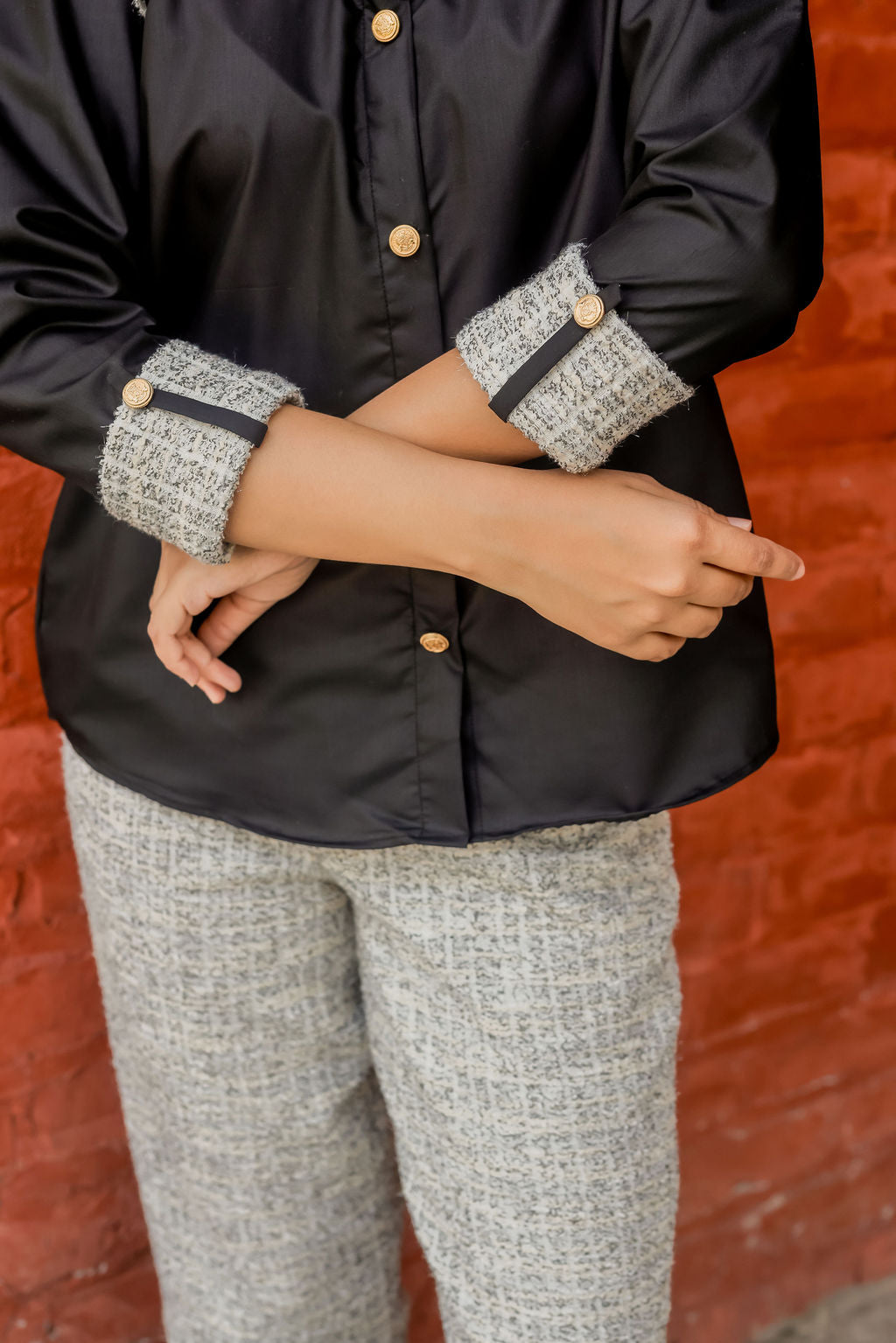 Black & grey tweed shirt with Black and grey houndstooth pants with gold buttons detailing Co ord set ESWSH0020-BLKGB
