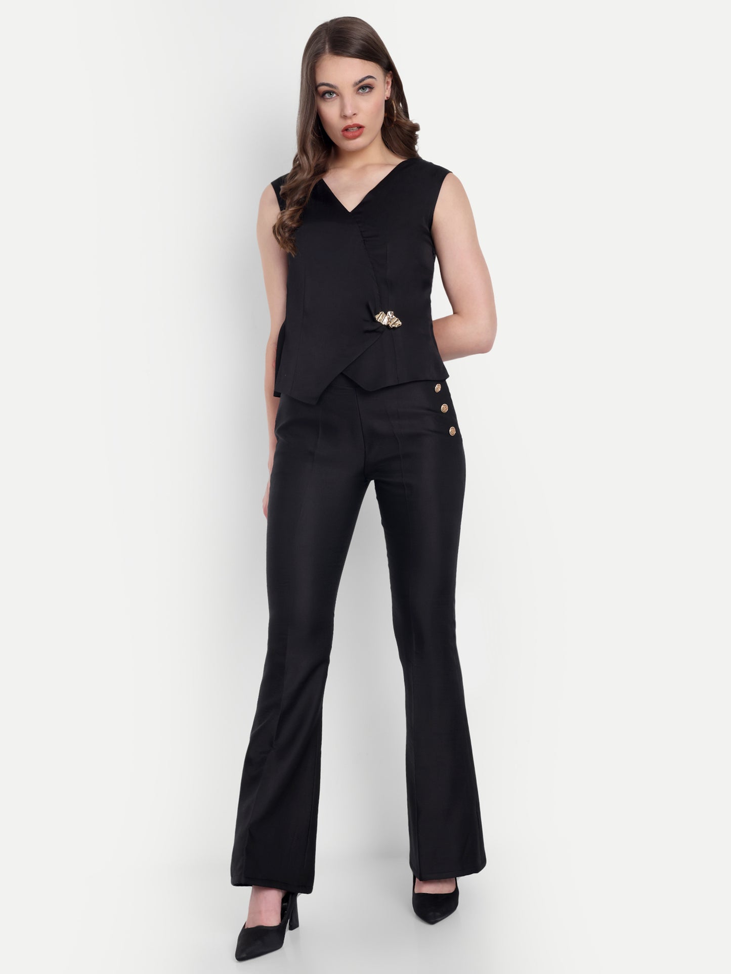 Black linen co ord set with gold applique-Esseneur