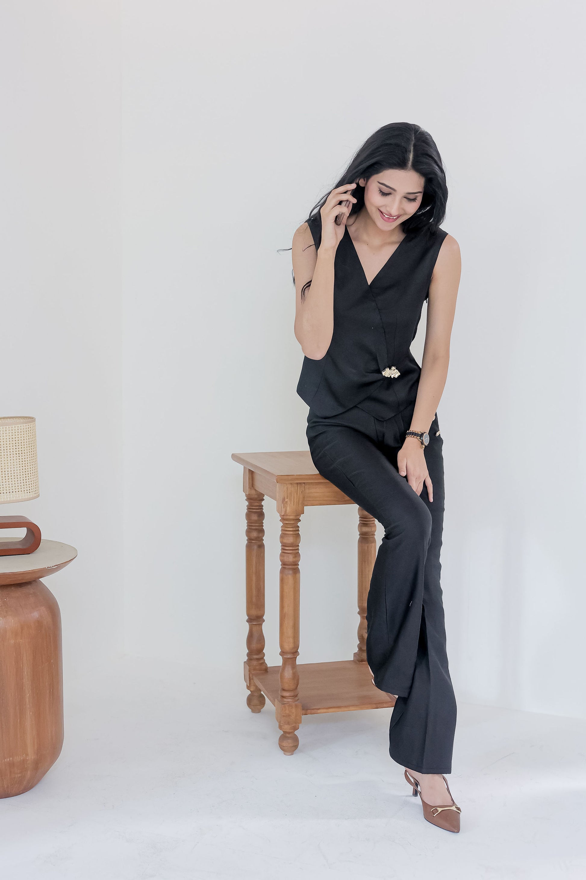 Black linen co ord set with gold applique-Esseneur