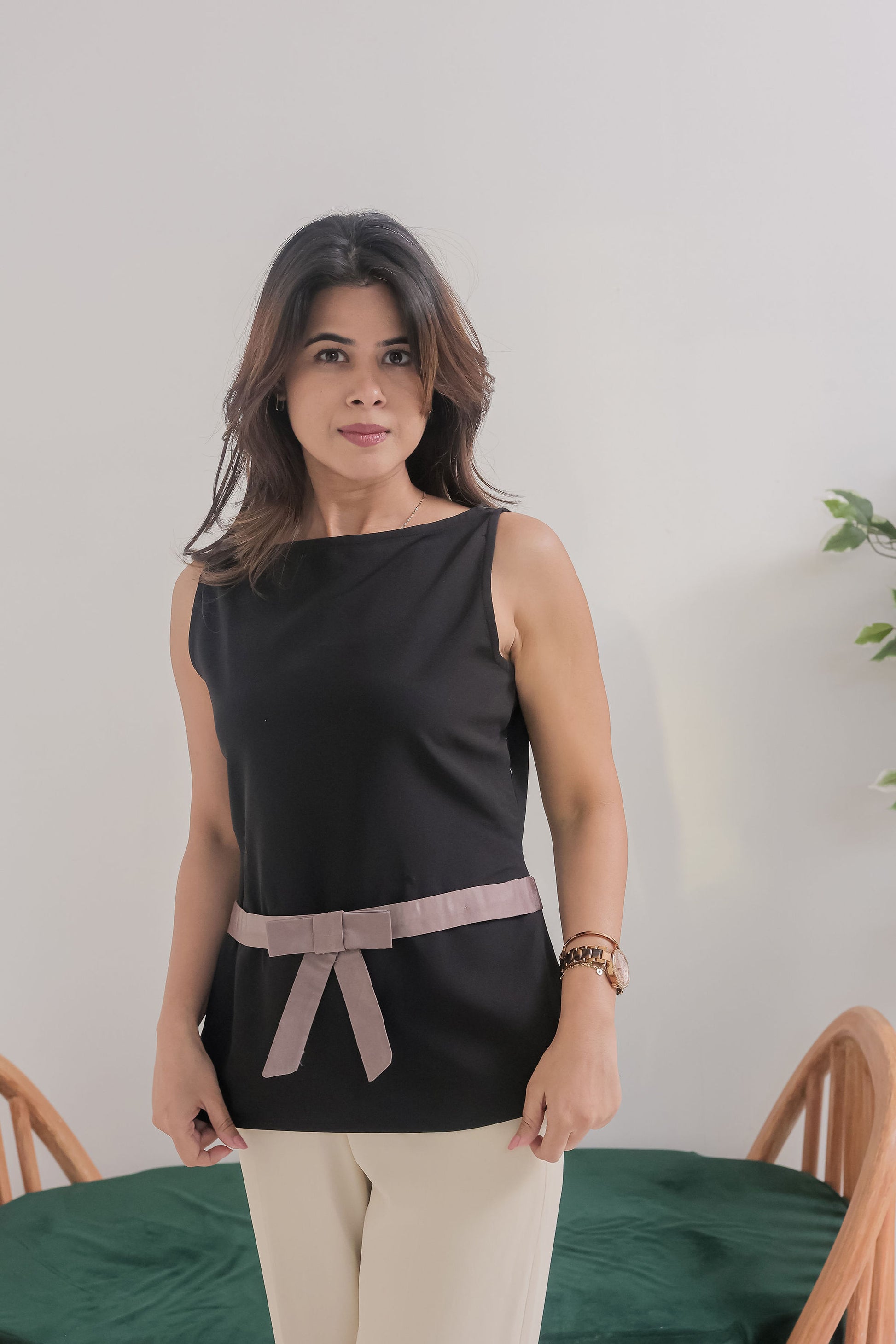 Black statement top with grey satin  bow - esseneur.