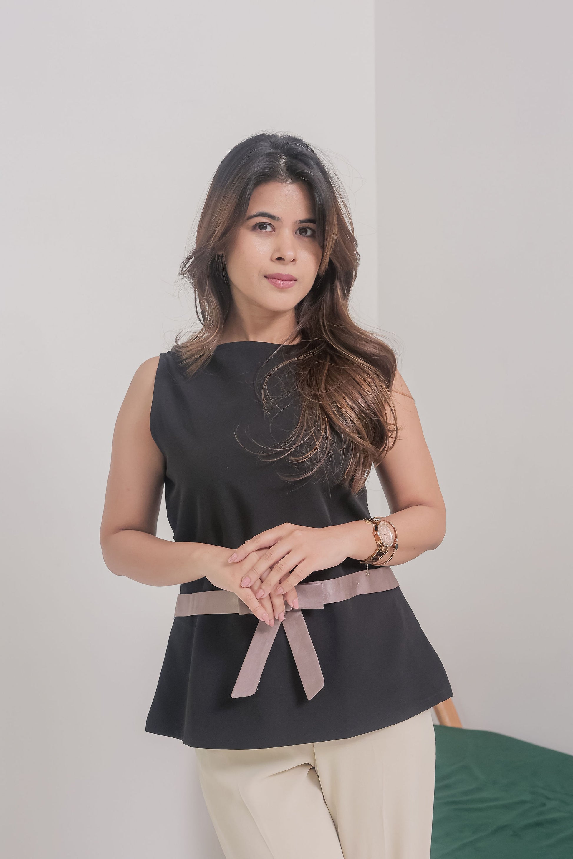 Black statement top with grey satin  bow - esseneur.