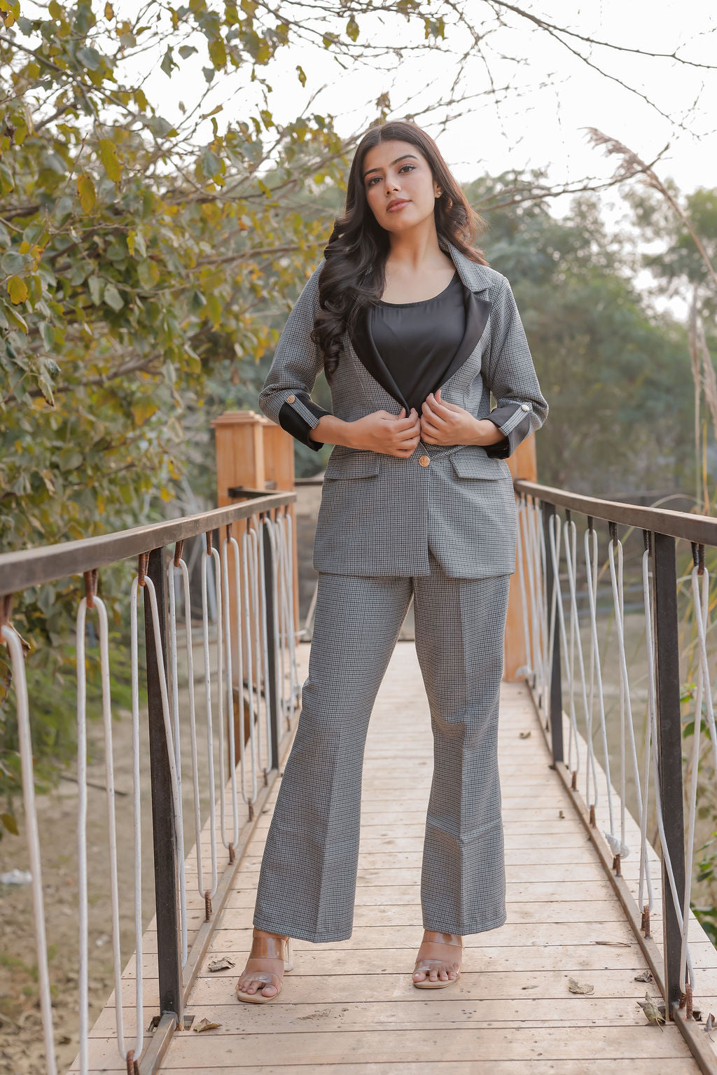 Black and grey houndstooth pants with gold buttons detailing ESWPA0021-BLKGB
