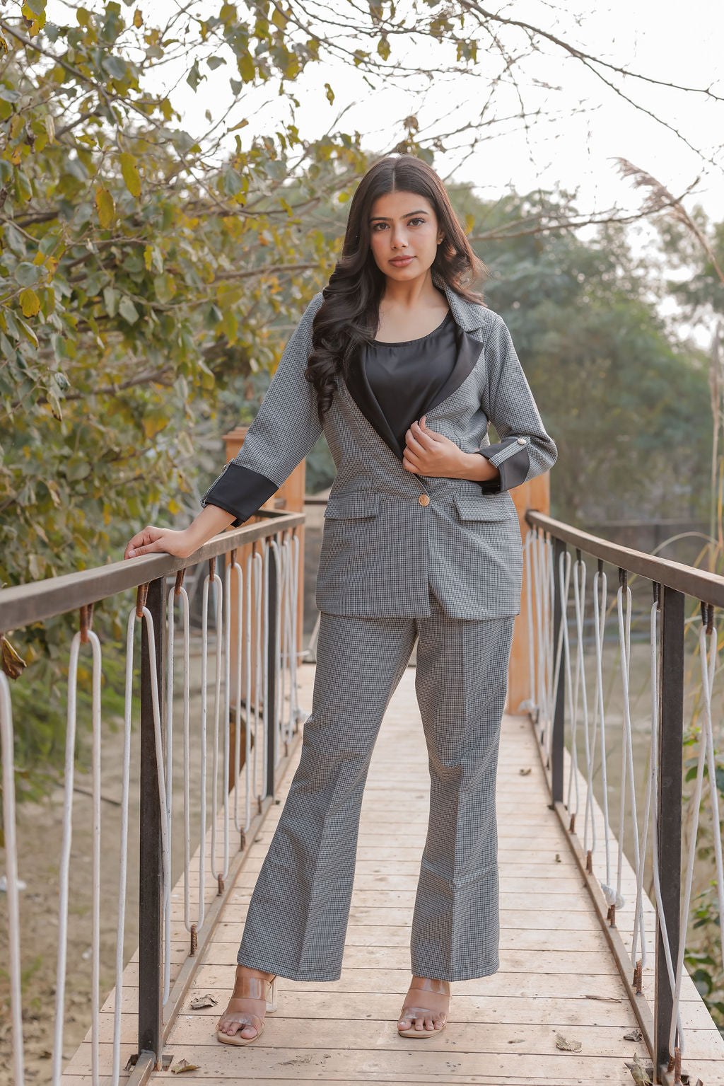 Black and grey houndstooth pants with gold buttons detailing ESWPA0021-BLKGB