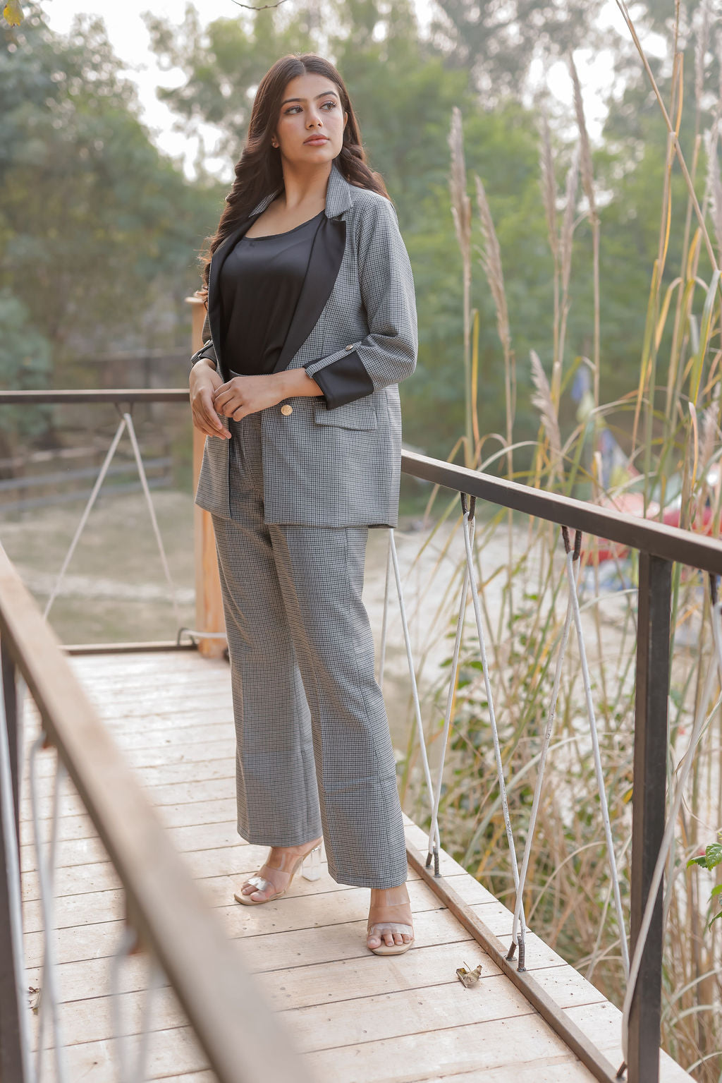 Black and grey houndstooth pants with gold buttons detailing ESWPA0021-BLKGB