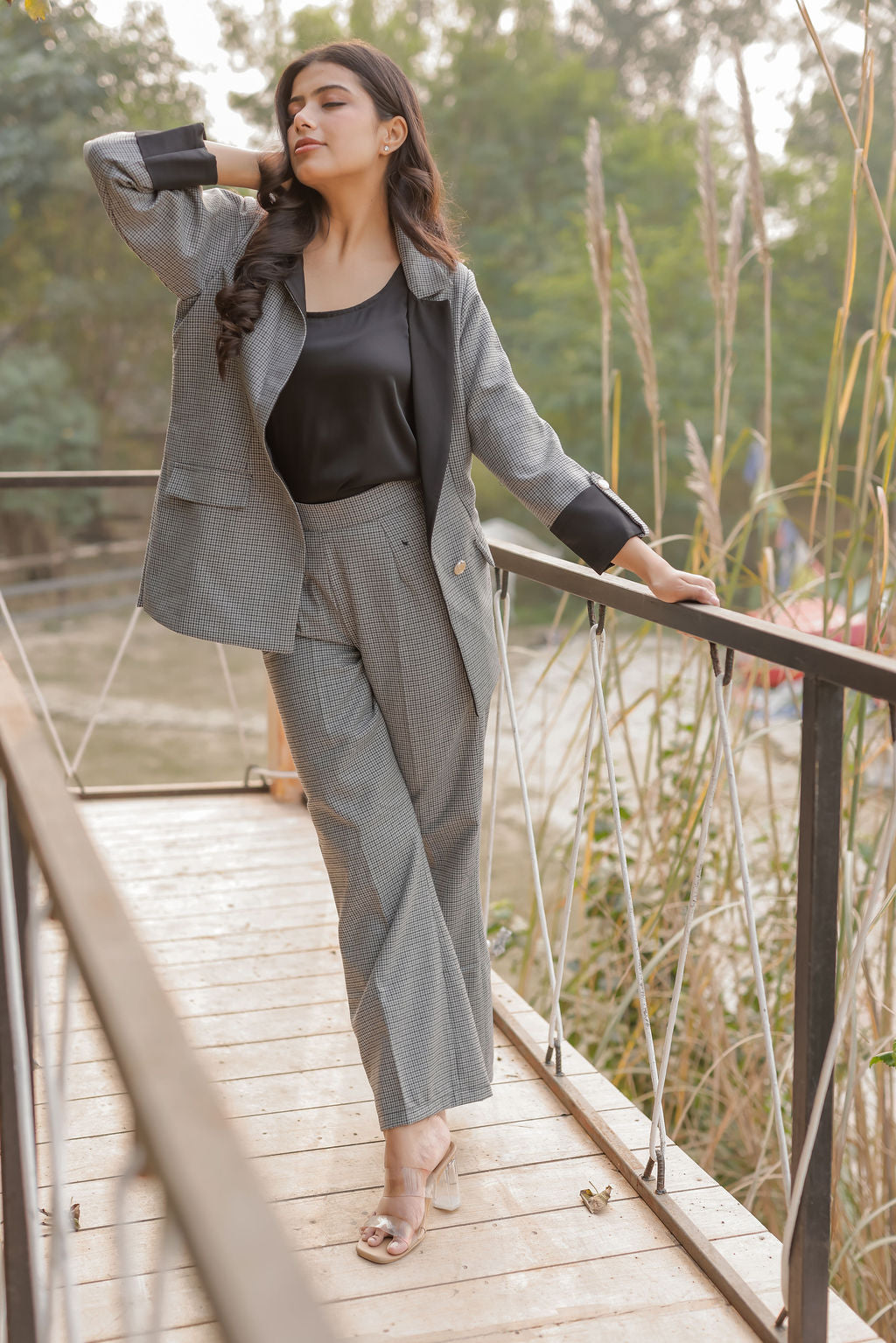 Black and grey woollen houndstooth coat with black satin detailing and gold buttons EWCT0005-BLKGB