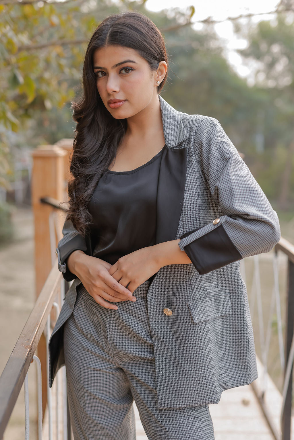 Black and grey woollen houndstooth coat with black satin detailing and gold buttons EWCT0005-BLKGB