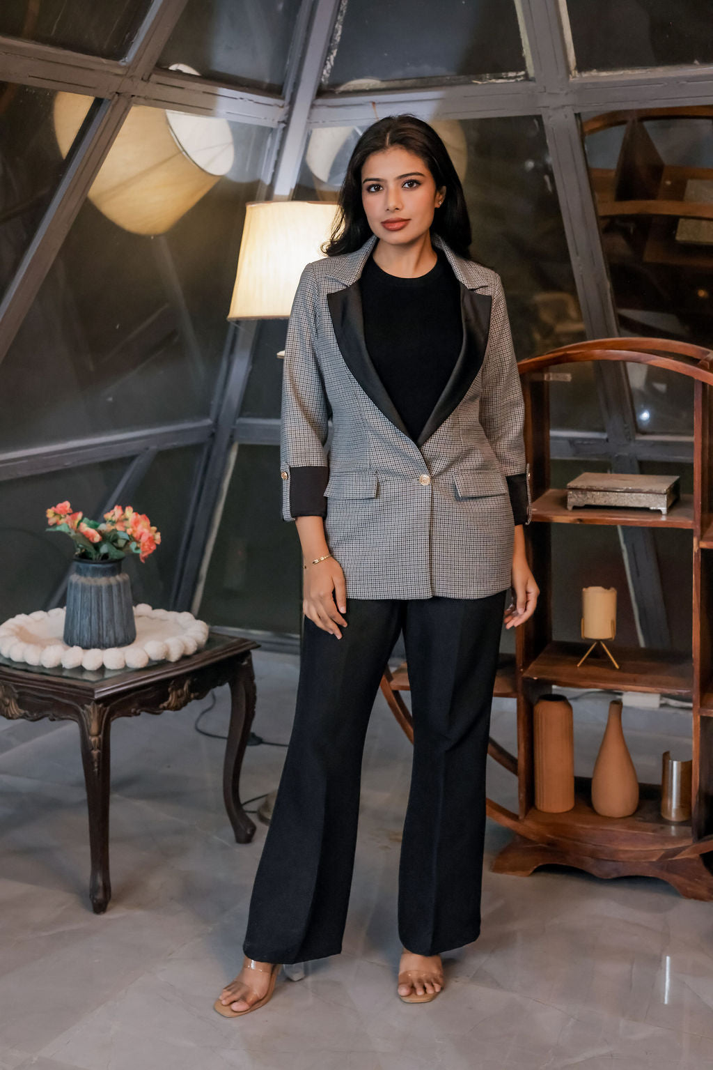 Black and grey woollen houndstooth coat & Pants Co ord set  with black satin detailing and gold buttons EWCO0030-BLKPT