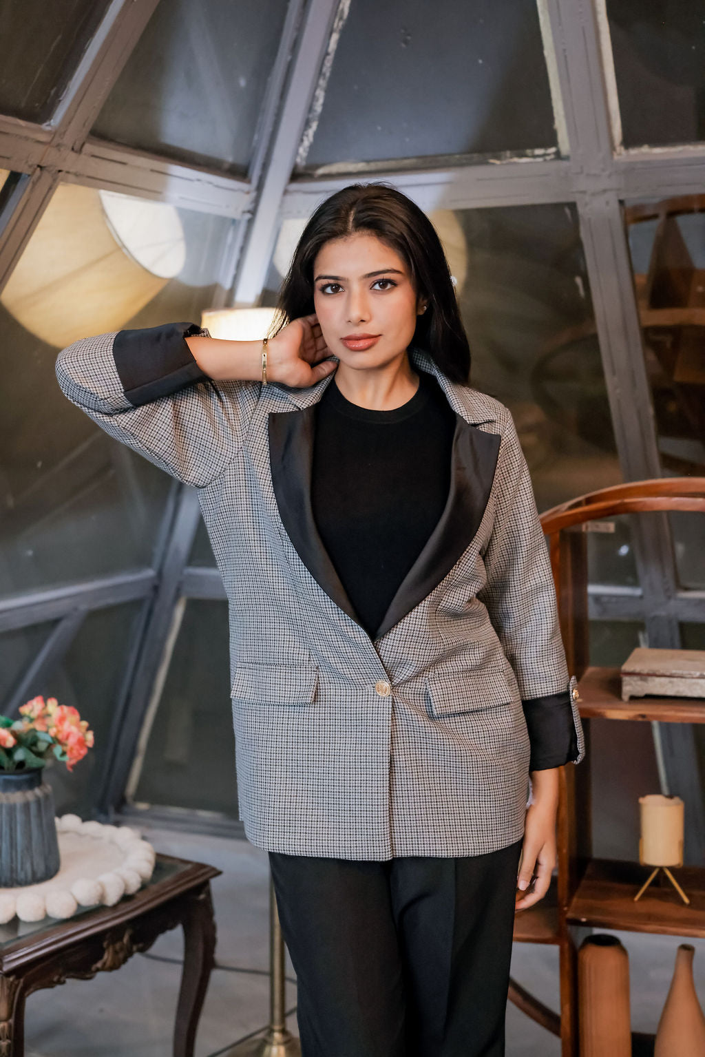 Black and grey woollen houndstooth coat with black satin detailing and gold buttons EWCT0005-BLKGB