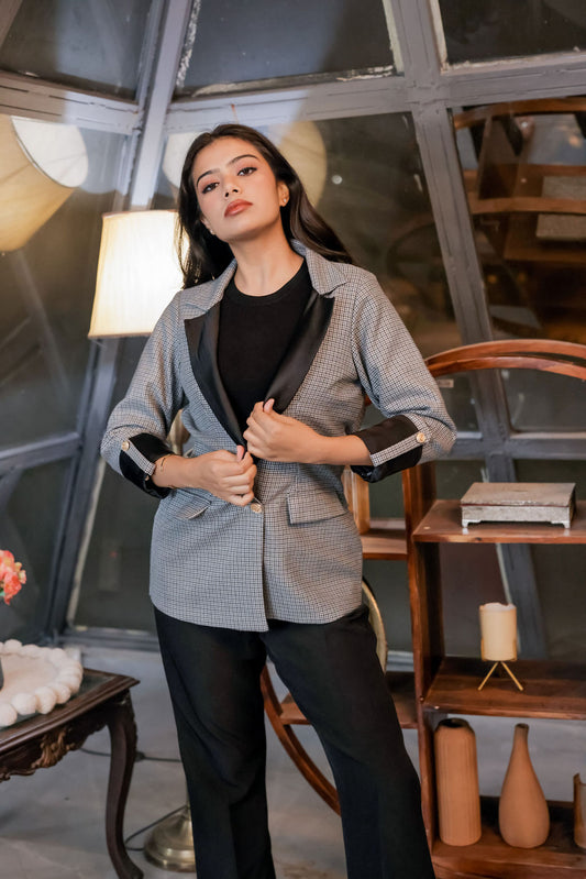 Black and grey woollen houndstooth coat & Pants Co ord set  with black satin detailing and gold buttons EWCO0030-BLKPT