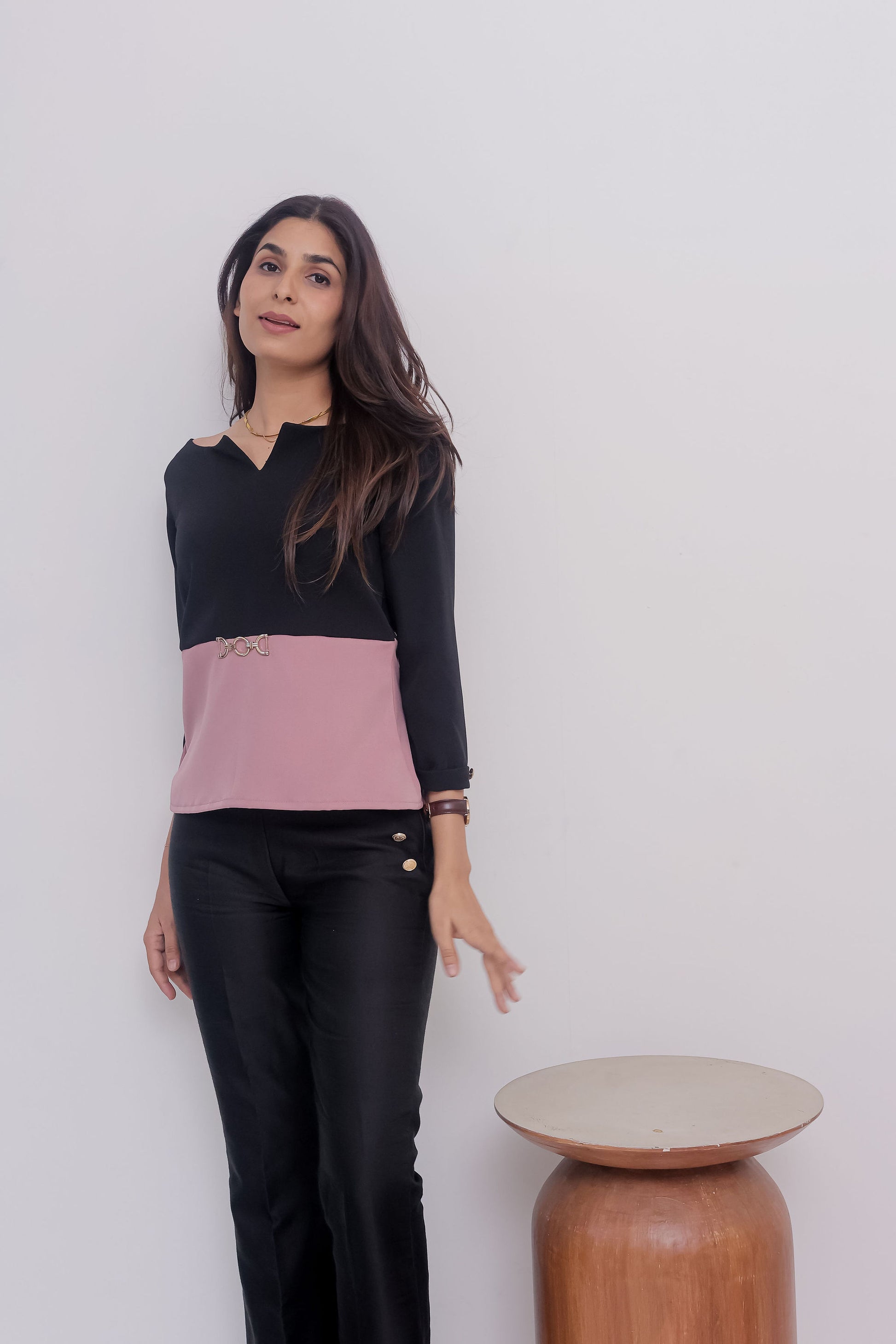 Black and peach two colour quarter sleeve top with gold applique - esseneur.