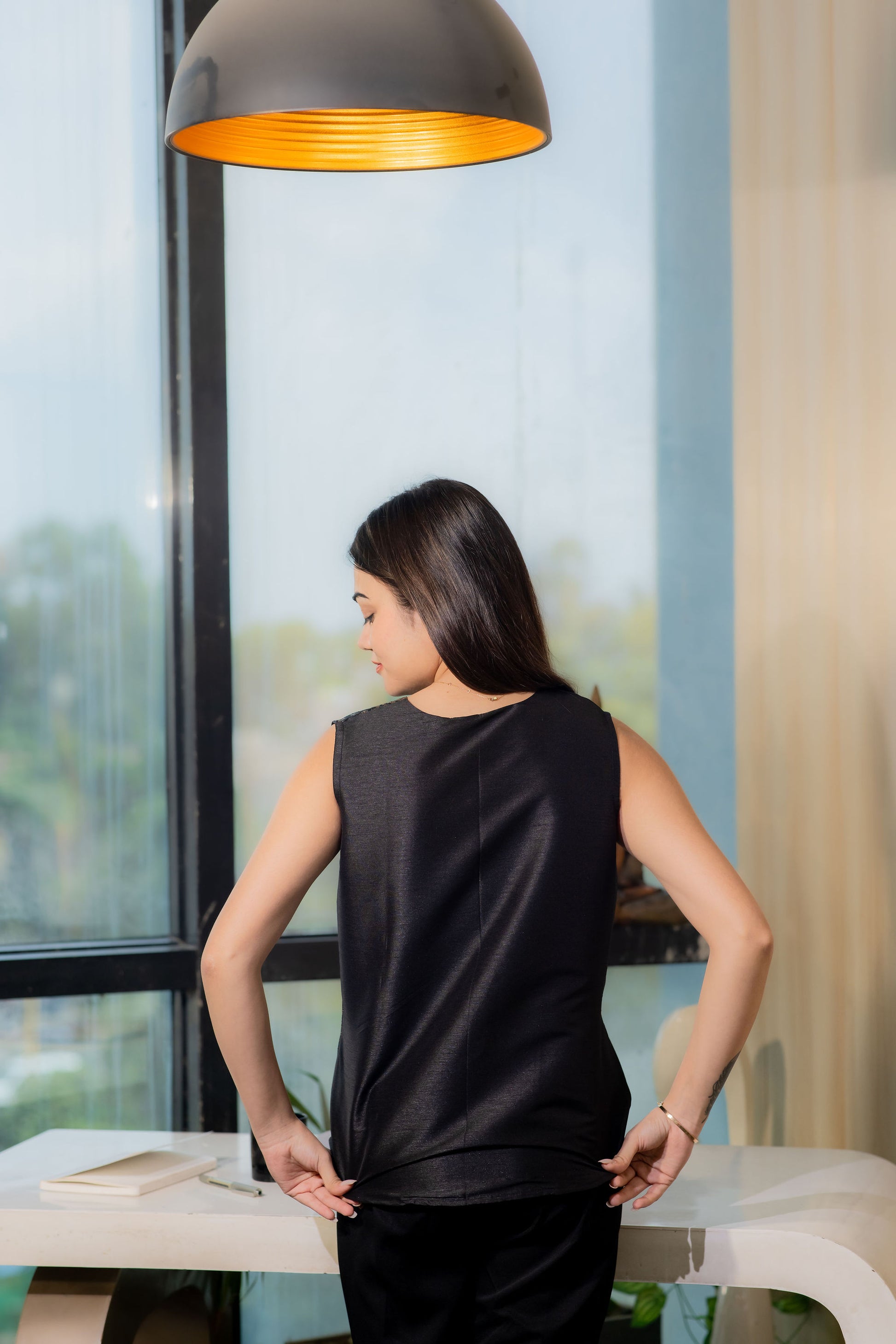Black brocade fabric festive flap top with gold buttons- esseneur.