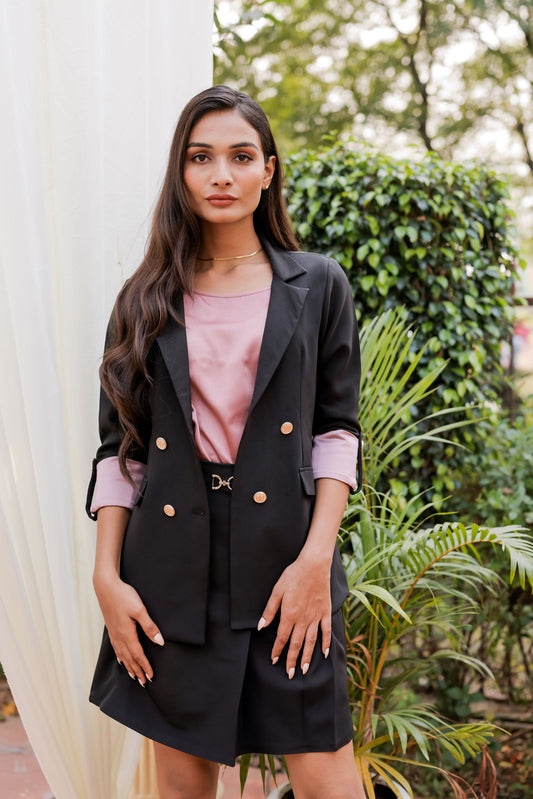 Black Crepe Coat & Pants Skirt set  with Satin Peach Cuff detailing and gold buttons EWCO0029-BLKSK