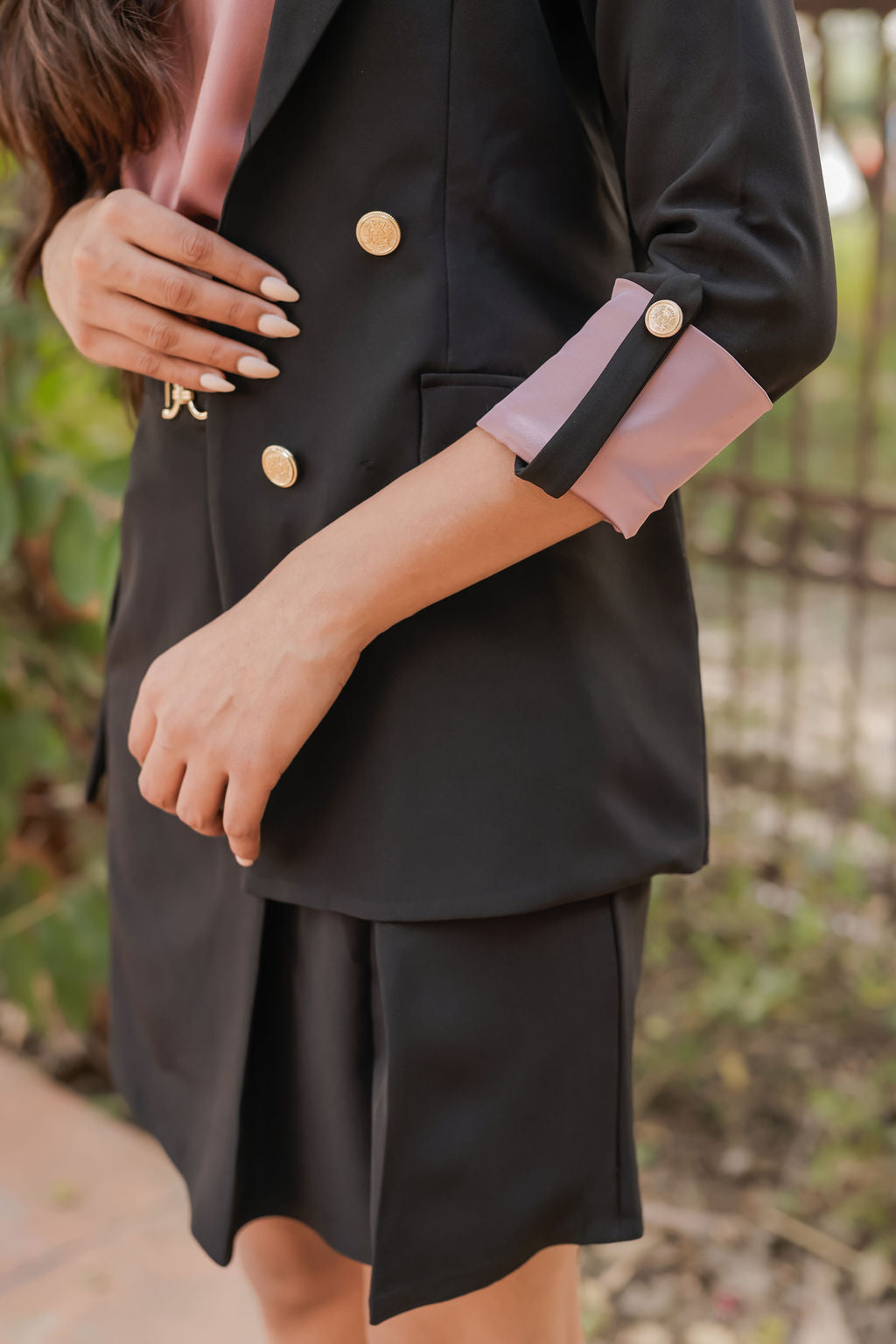Black Crepe Coat & Pants Skirt set  with Satin Peach Cuff detailing and gold buttons EWCO0029-BLKSK