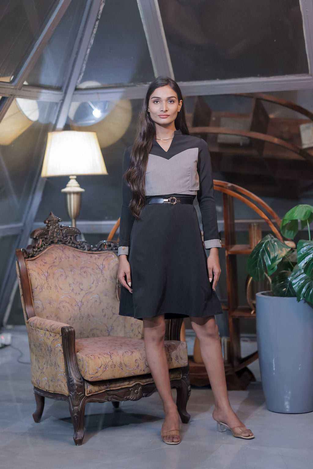 Black dress with houndstooth wrap on bust ESWDR0027-BLKBK