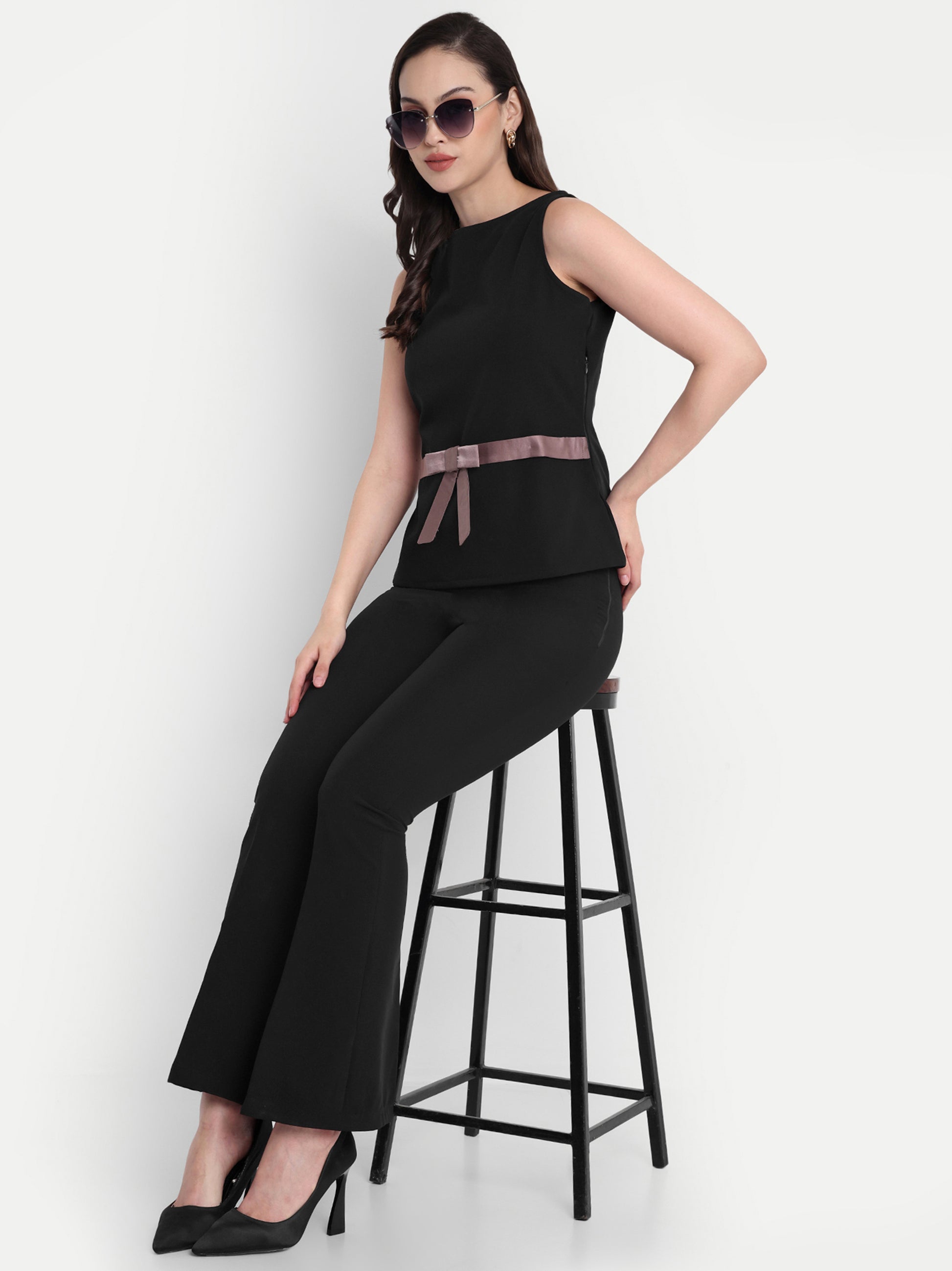 Black statement top with grey satin  bow - esseneur.