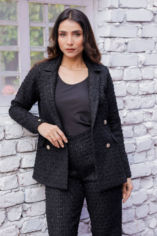 Black tweed fabric coat with gold buttons detailing & Pants Co ord set EWCO0043-BLKPT