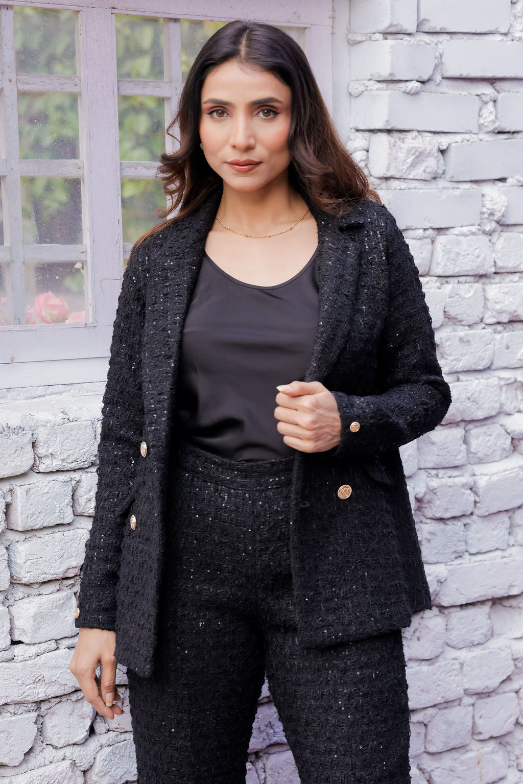 Black tweed fabric coat with gold buttons detailing EWCT0018-BLKGB