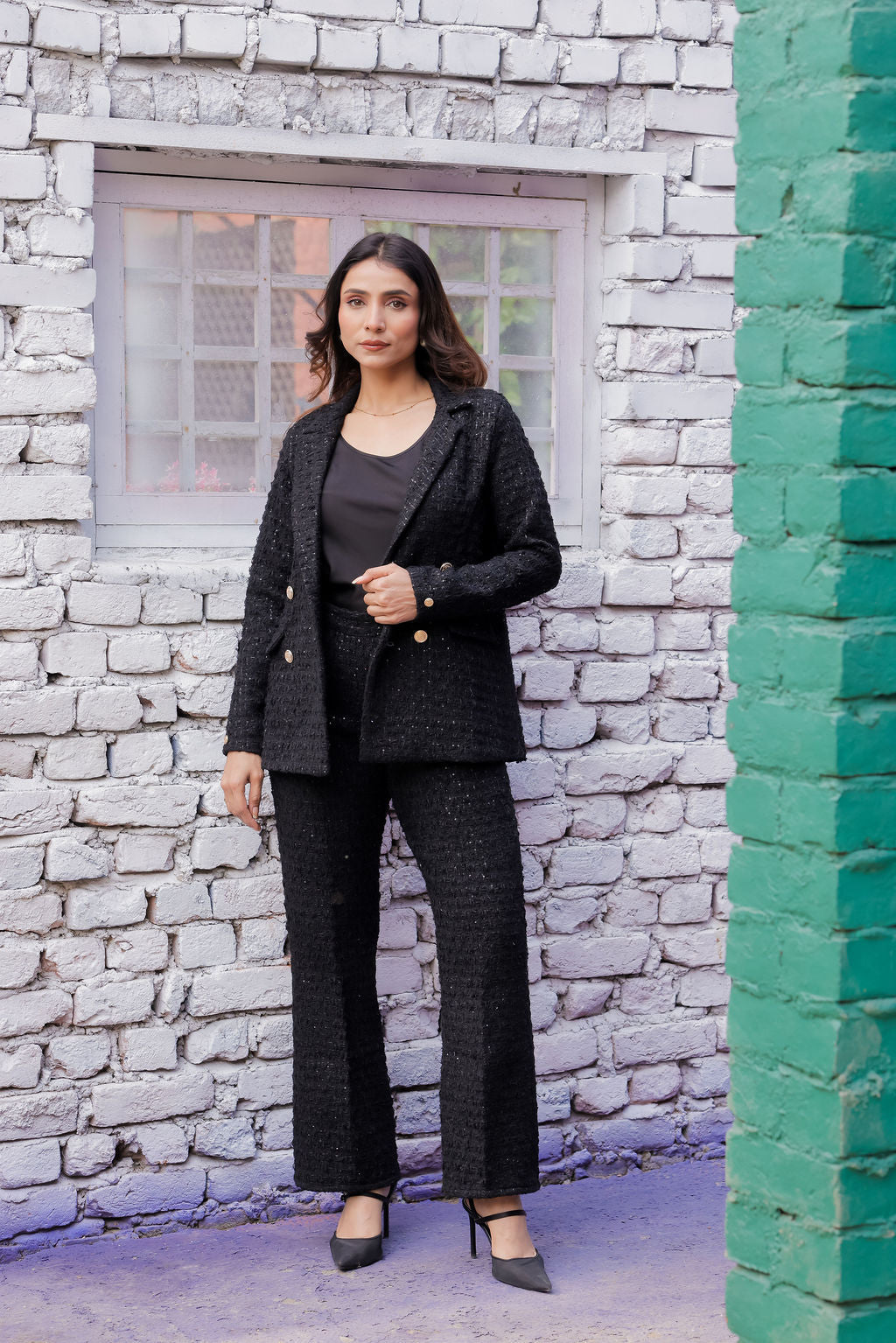 Black tweed fabric coat with gold buttons detailing EWCT0018-BLKGB
