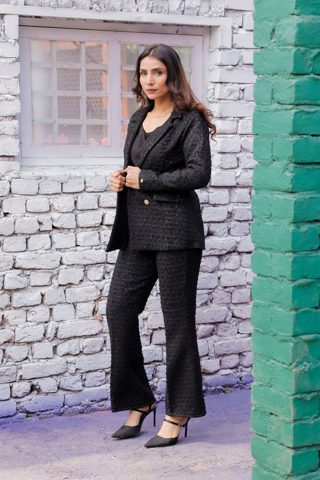 Black tweed fabric coat with gold buttons detailing EWCT0018-BLKGB