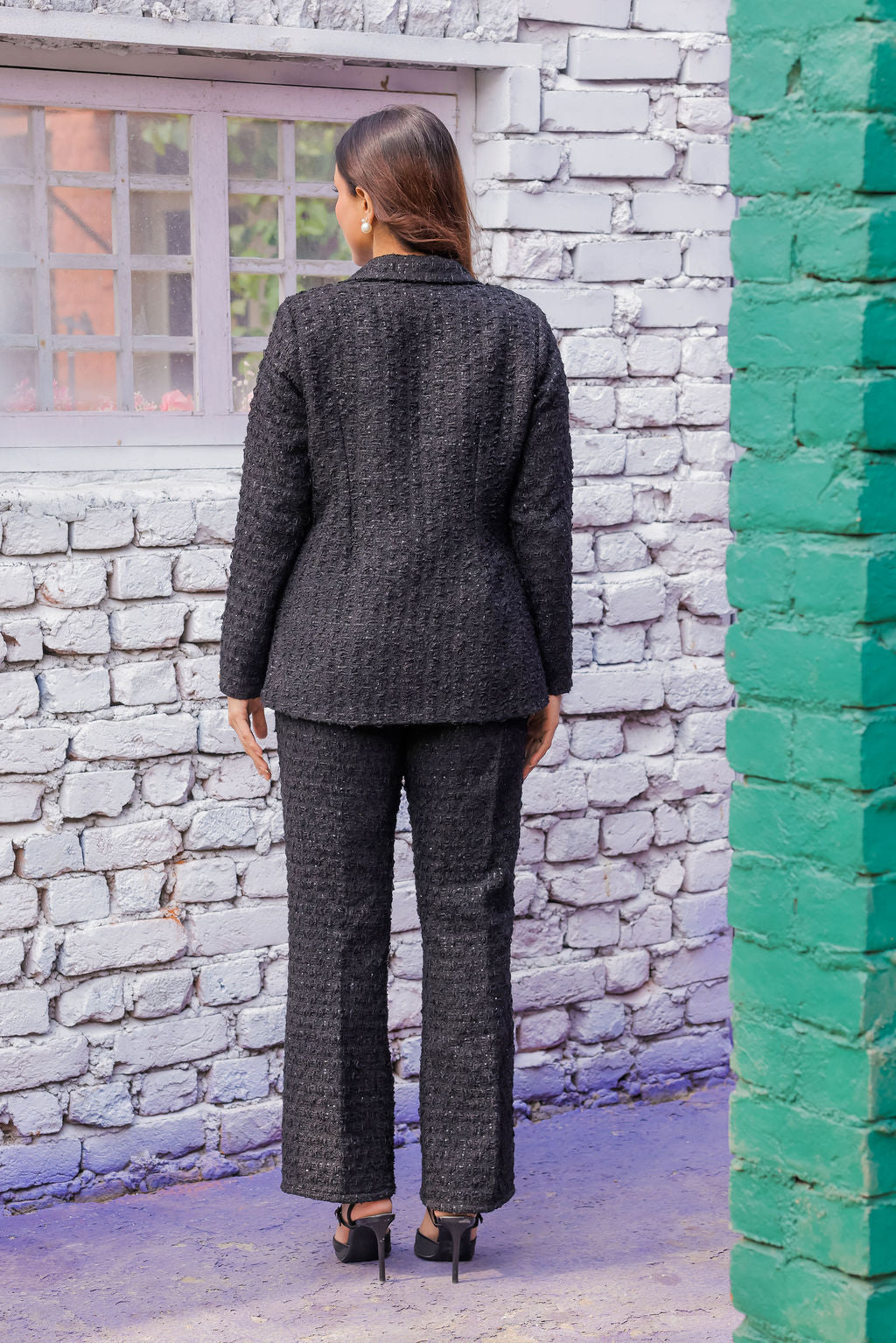 Black tweed fabric coat with gold buttons detailing & Pants Co ord set EWCO0043-BLKPT