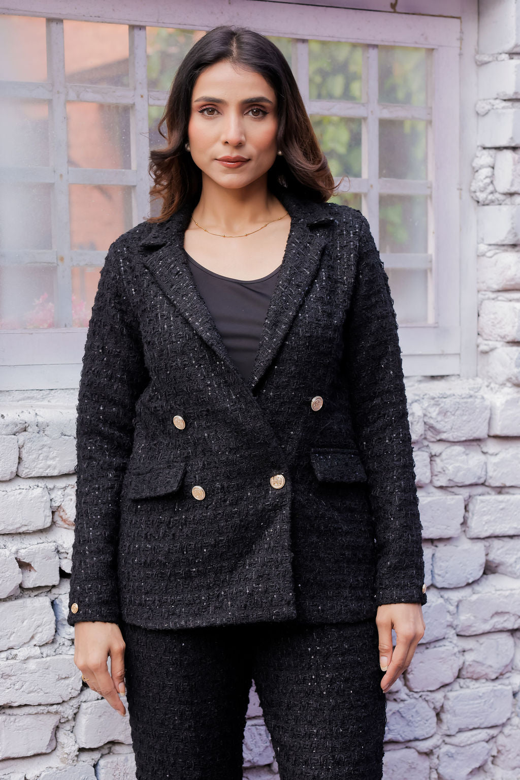 Black tweed fabric coat with gold buttons detailing & Pants Co ord set EWCO0043-BLKPT
