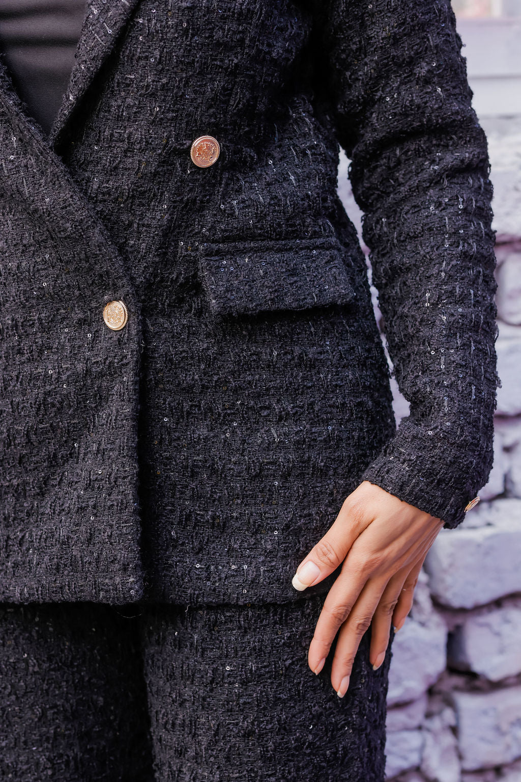 Black tweed fabric coat with gold buttons detailing & Pants Co ord set EWCO0043-BLKPT