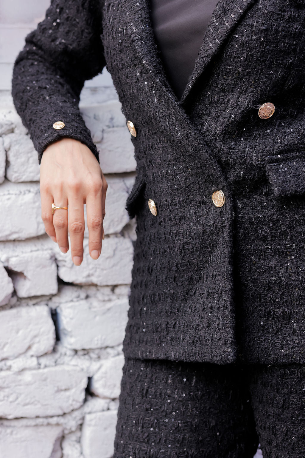 Black tweed fabric coat with gold buttons detailing & Pants Co ord set EWCO0043-BLKPT
