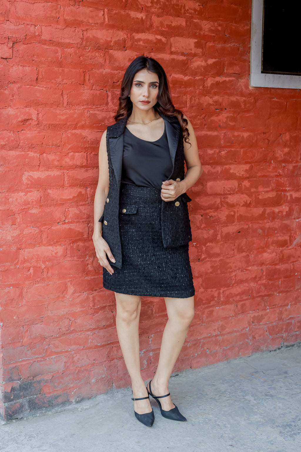 Black tweed knee length skirt ESWSK0012-BLKGB