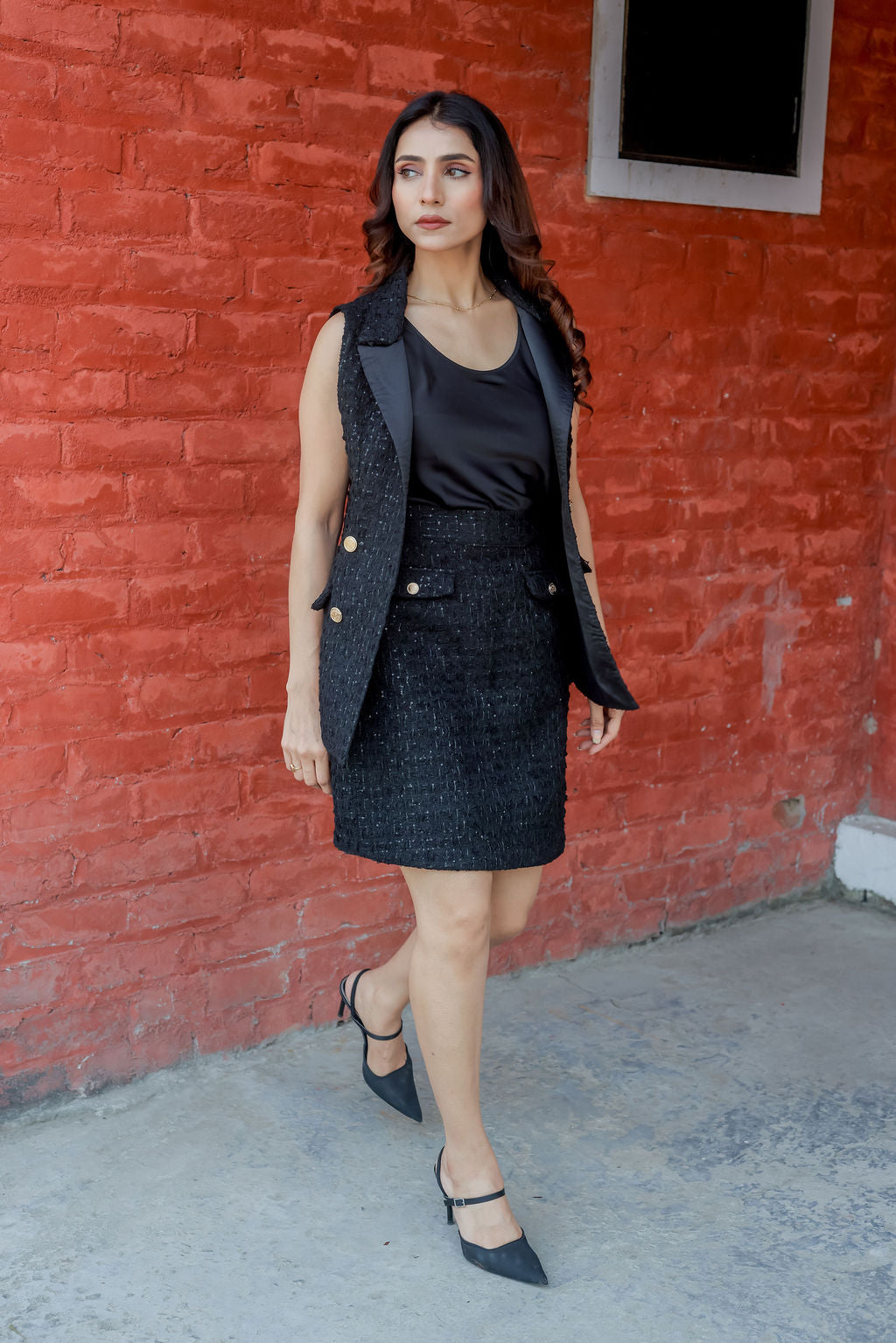 Black tweed knee length skirt ESWSK0012-BLKGB