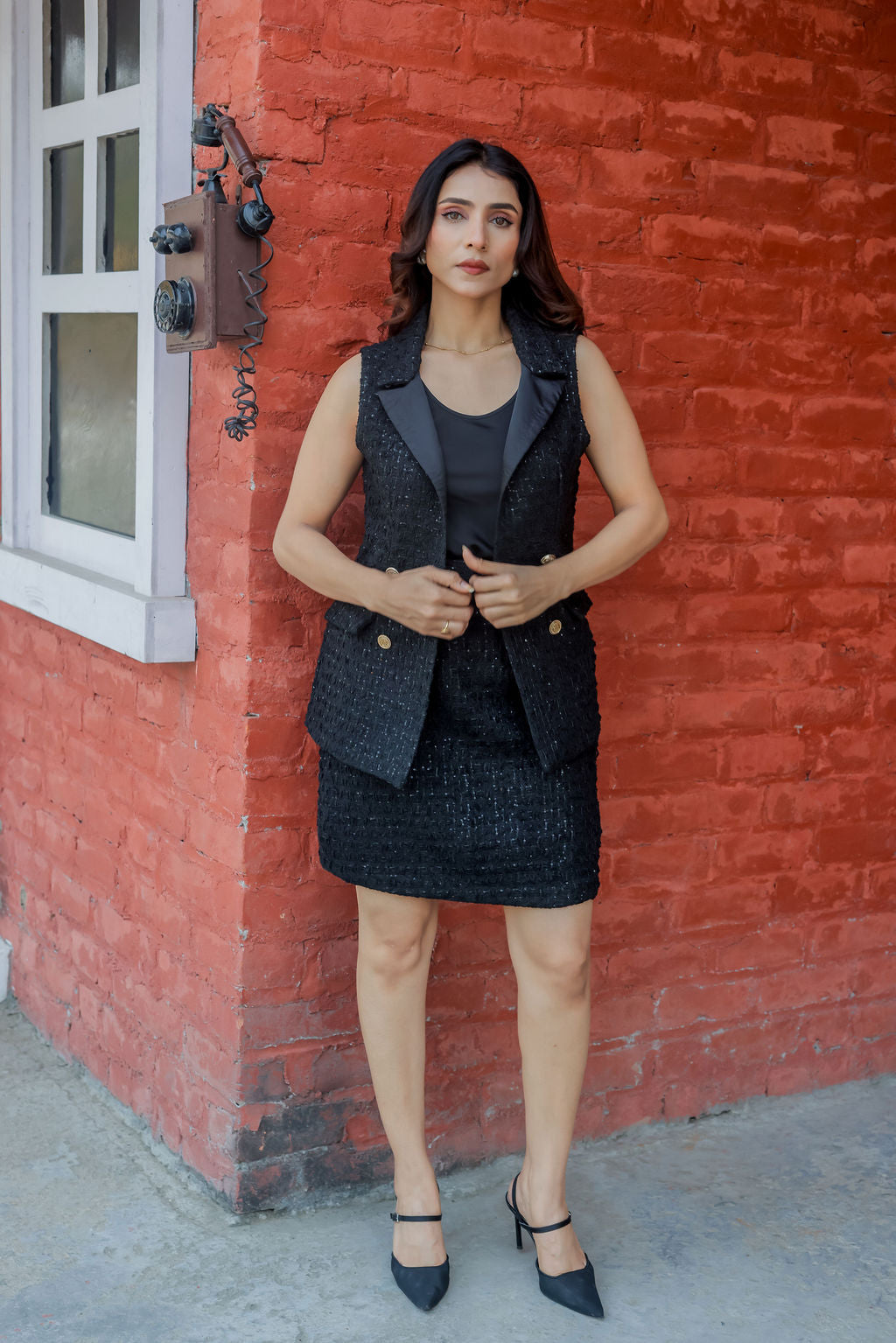 Black tweed knee length skirt ESWSK0012-BLKGB