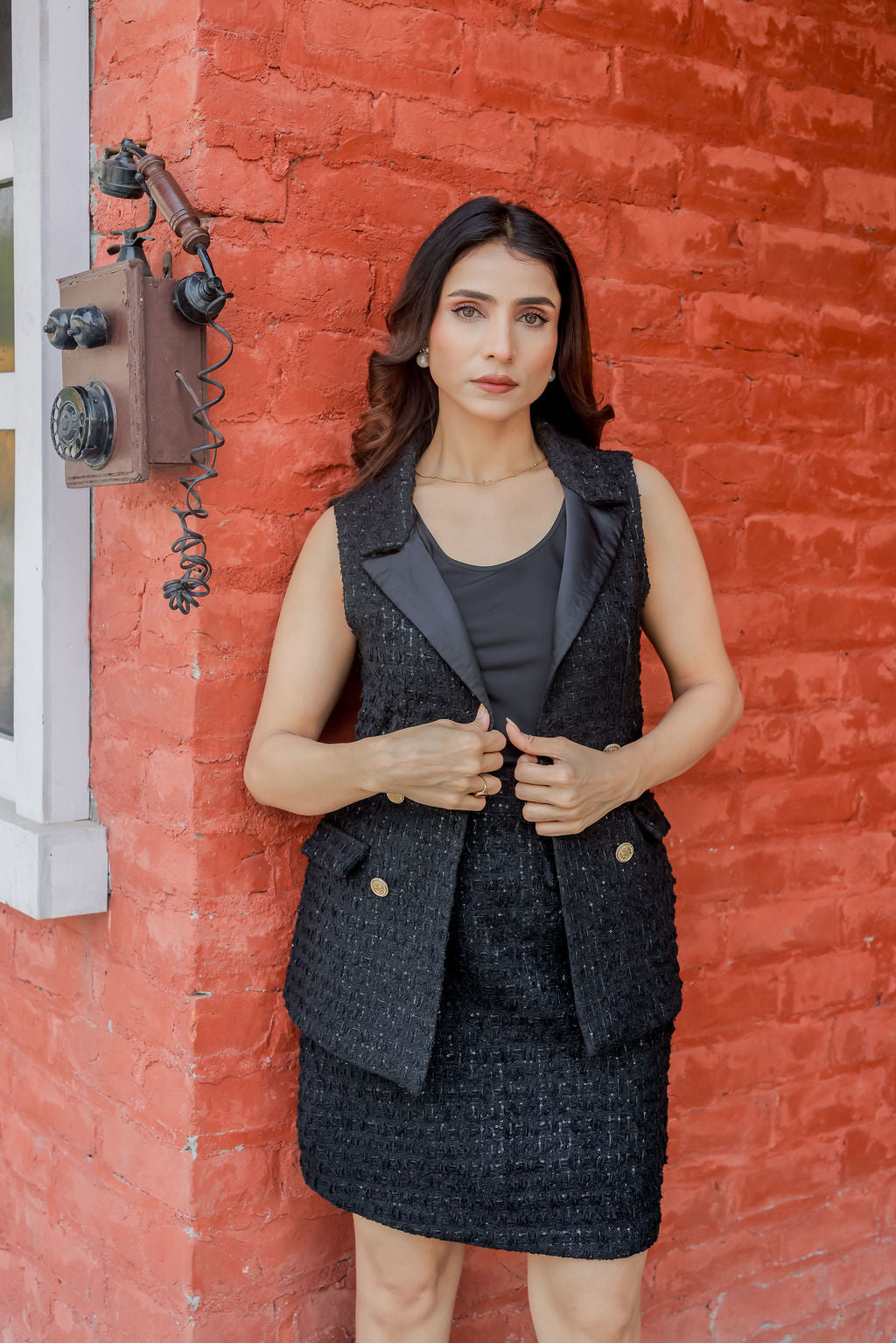 Black tweed knee length skirt ESWSK0012-BLKGB
