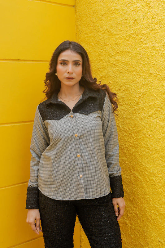 Black tweed houndstooth shirt with pants with gold buttons detailing Co Ord Set ESWSH0022-BLKGB