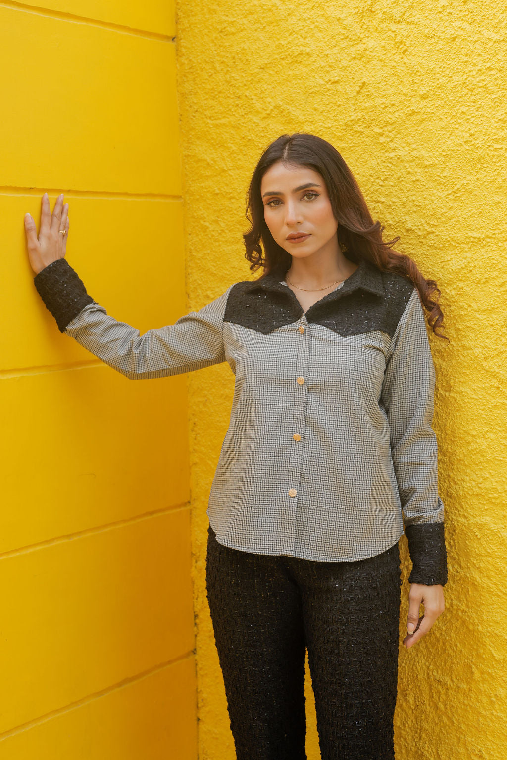 Black tweed houndstooth shirt with pants with gold buttons detailing Co Ord Set ESWSH0022-BLKGB