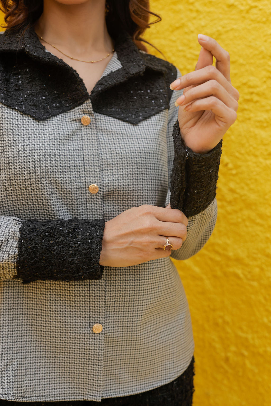 Black tweed houndstooth shirt with pants with gold buttons detailing Co Ord Set ESWSH0022-BLKGB