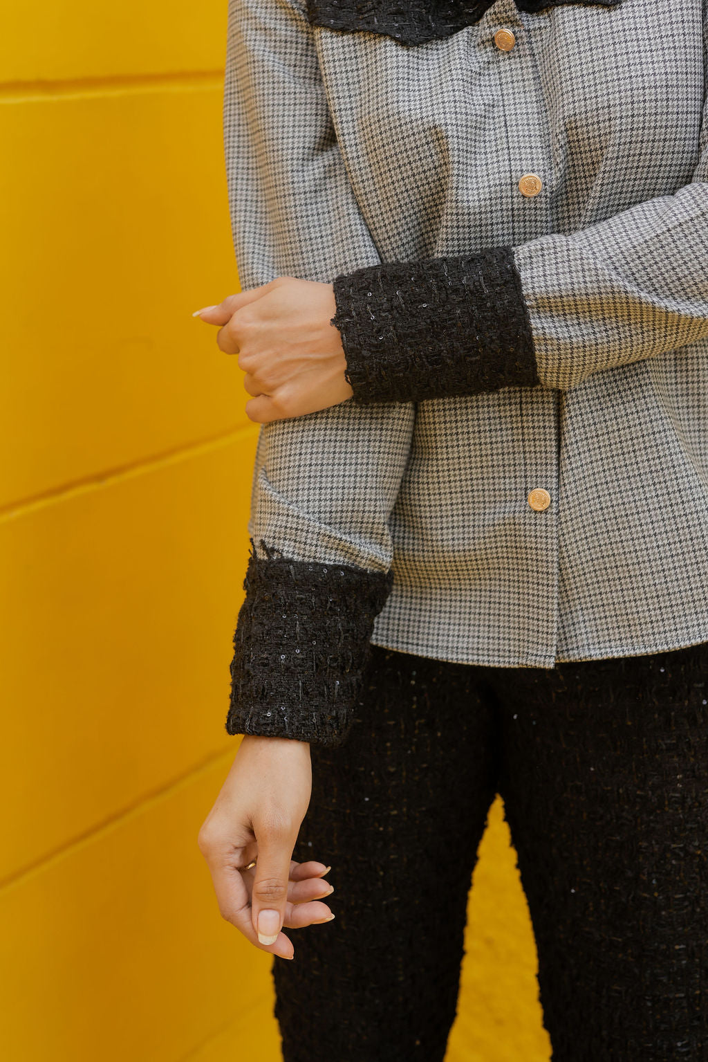 Black tweed shirt with houndstooth fabric ESWSH0022-BLKGB