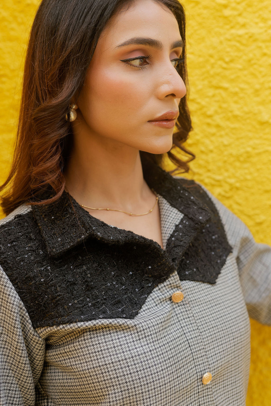 Black tweed shirt with houndstooth fabric ESWSH0022-BLKGB