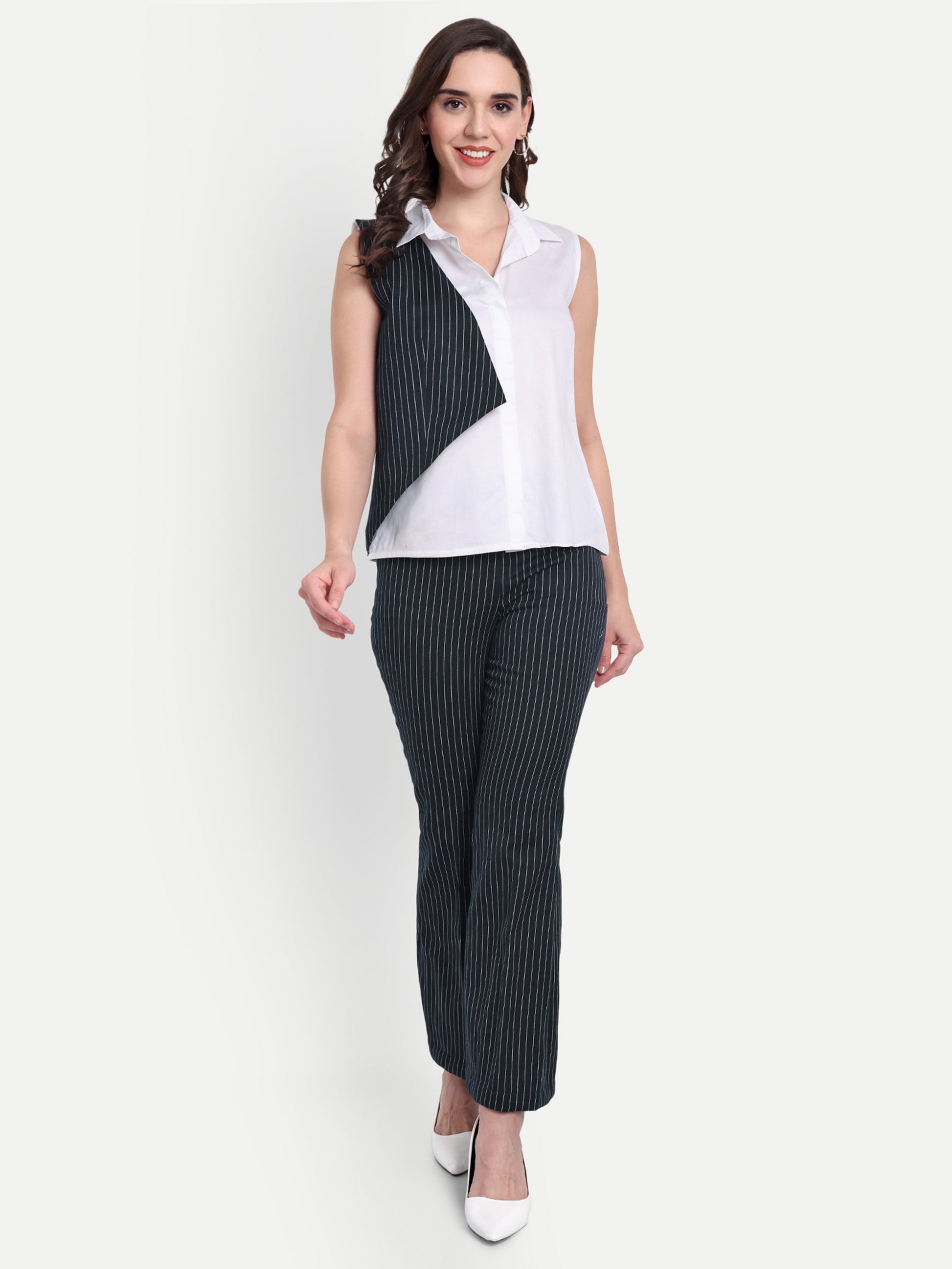 Blue co ord set with white shirt with flap without sleeves- esseneur.