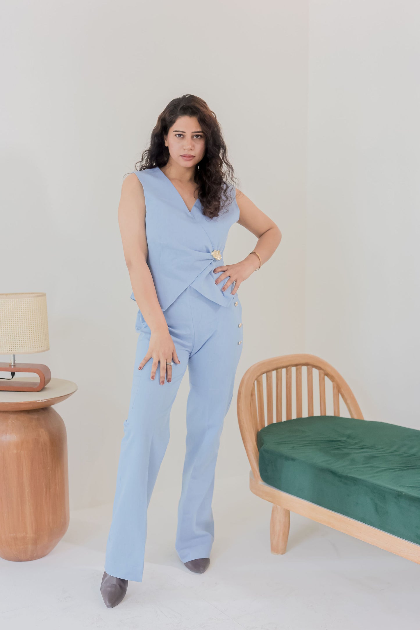 Light blue denim waist coat with gold applique EWTP0067-BLUGA