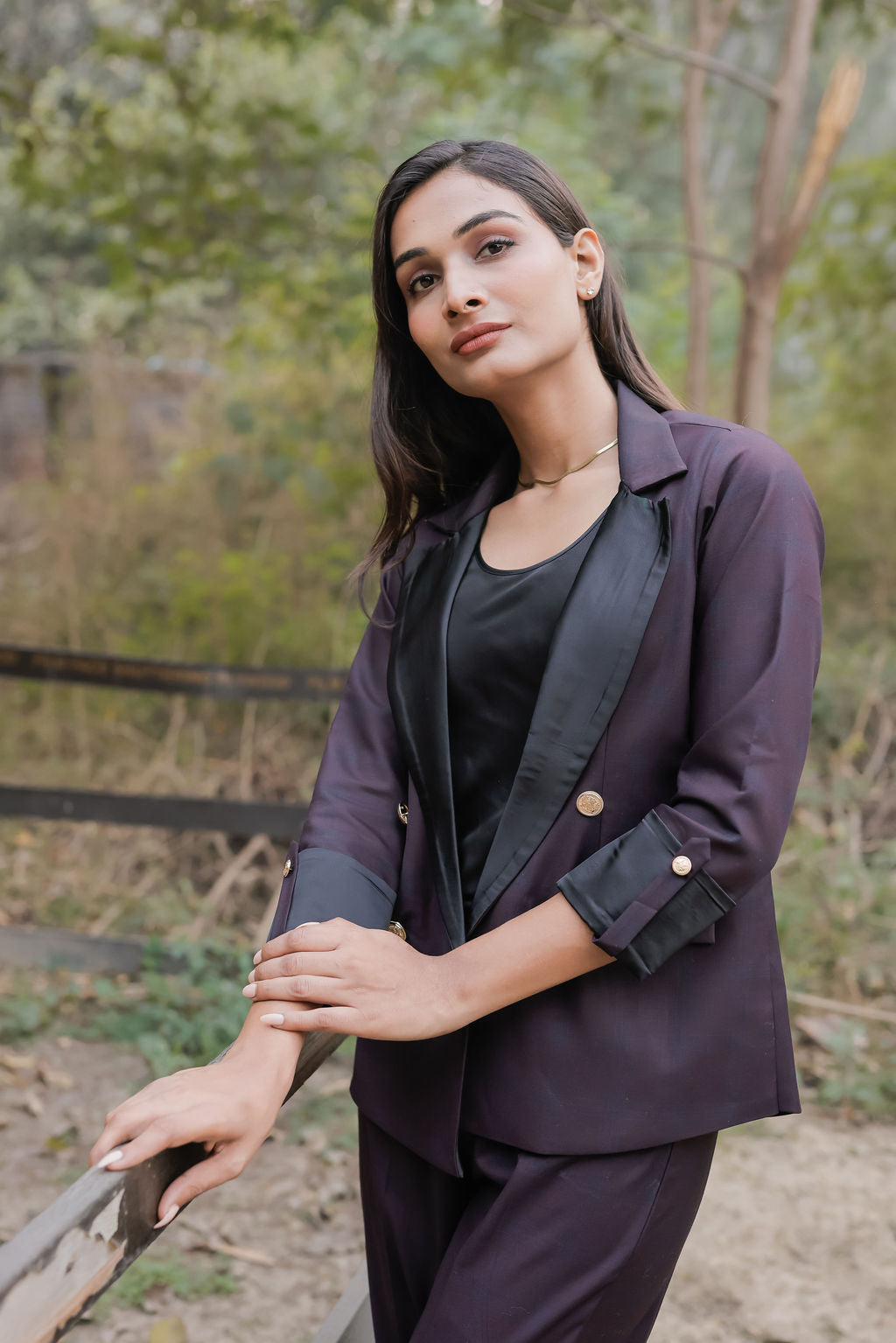 Blue purple check coat with gold buttons detailing EWCT0019-BLUGB