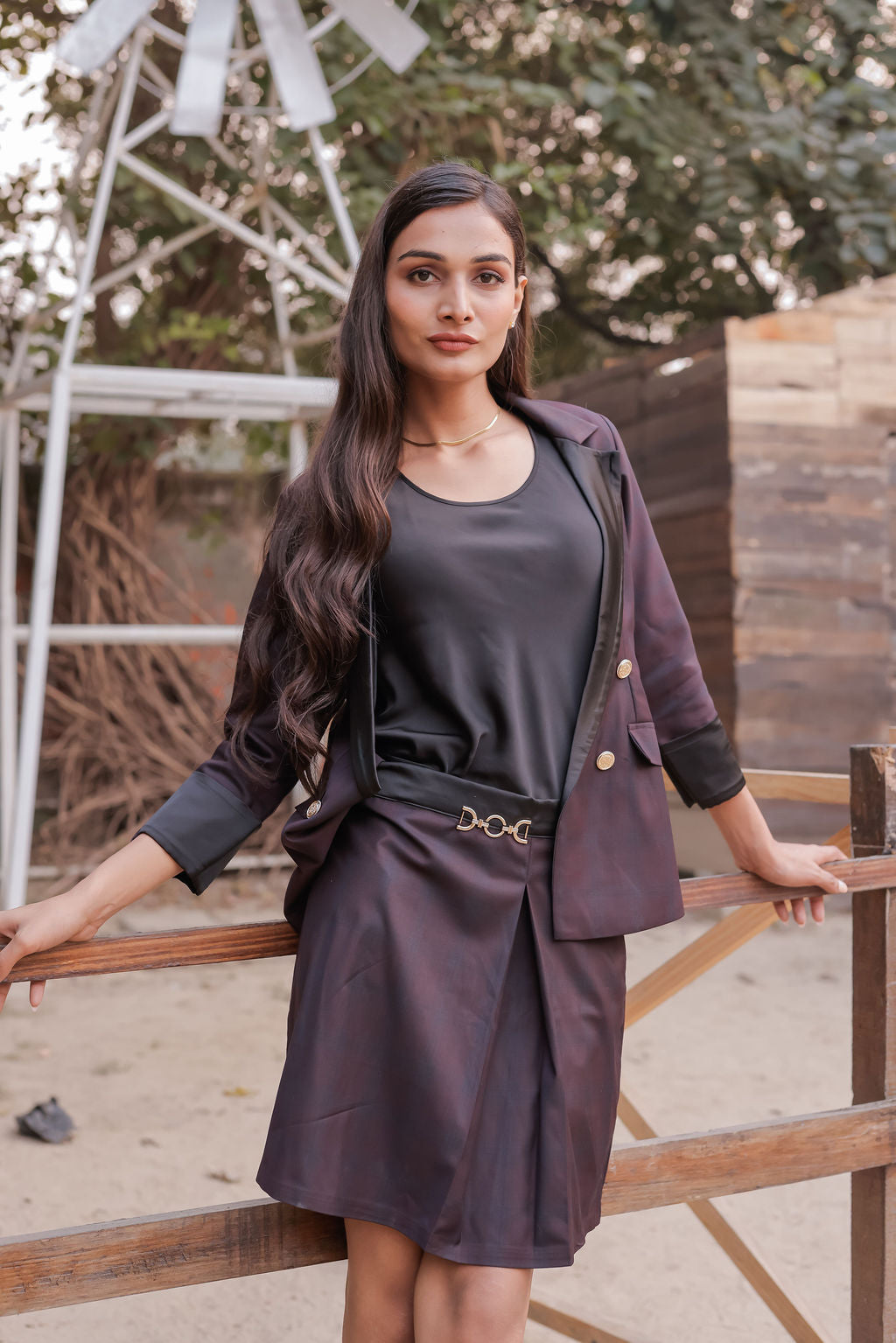 Blue purple check coat with gold buttons detailing EWCT0019-BLUGB
