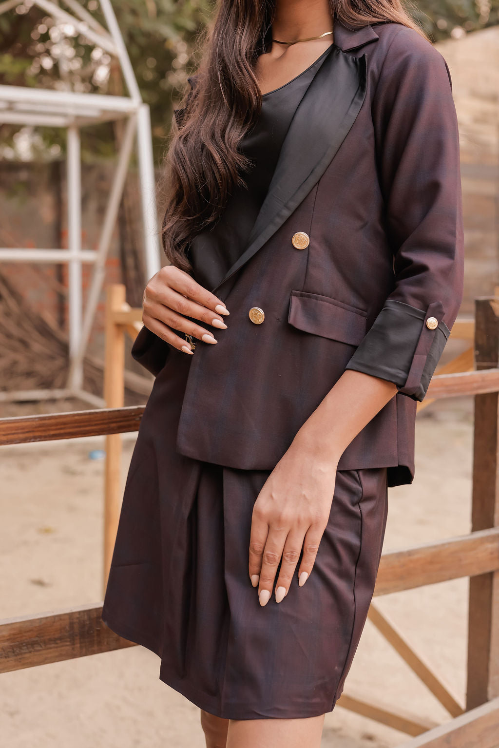 Blue purple check coat with gold buttons detailing & Skirt Co ord set EWCO0044-BLUSK