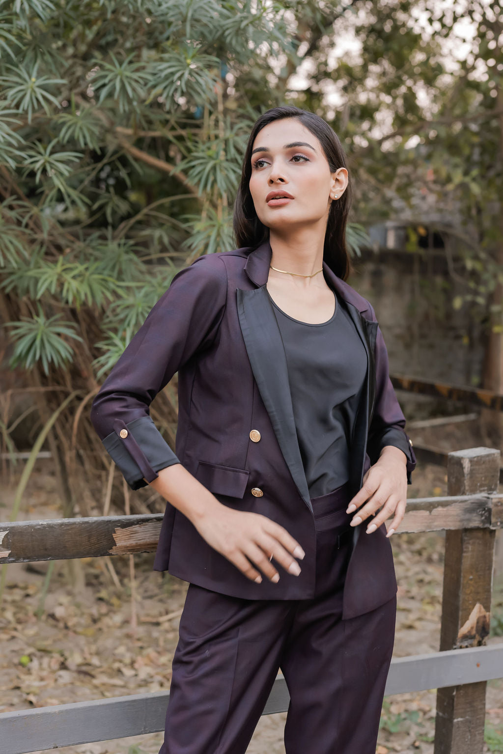 Blue purple check pants with gold buttons detailng ESWPA0030-BLUGB