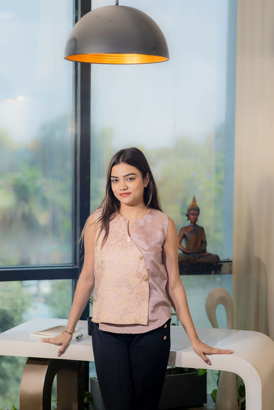 Blush pink festive brocade flap top with gold buttons - esseneur