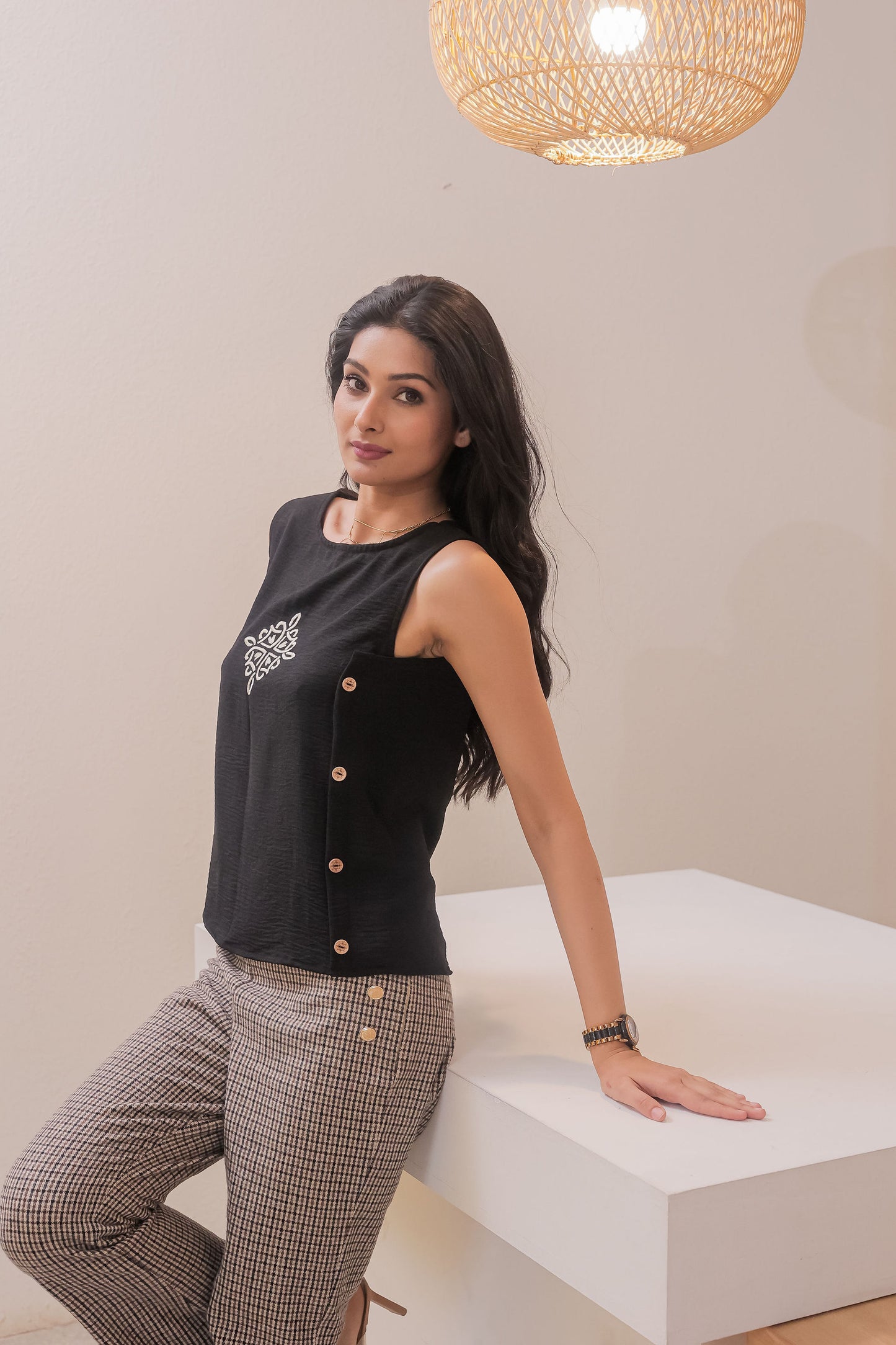 Black wooden buttons and embroidered top EWTP0048-BLKBT