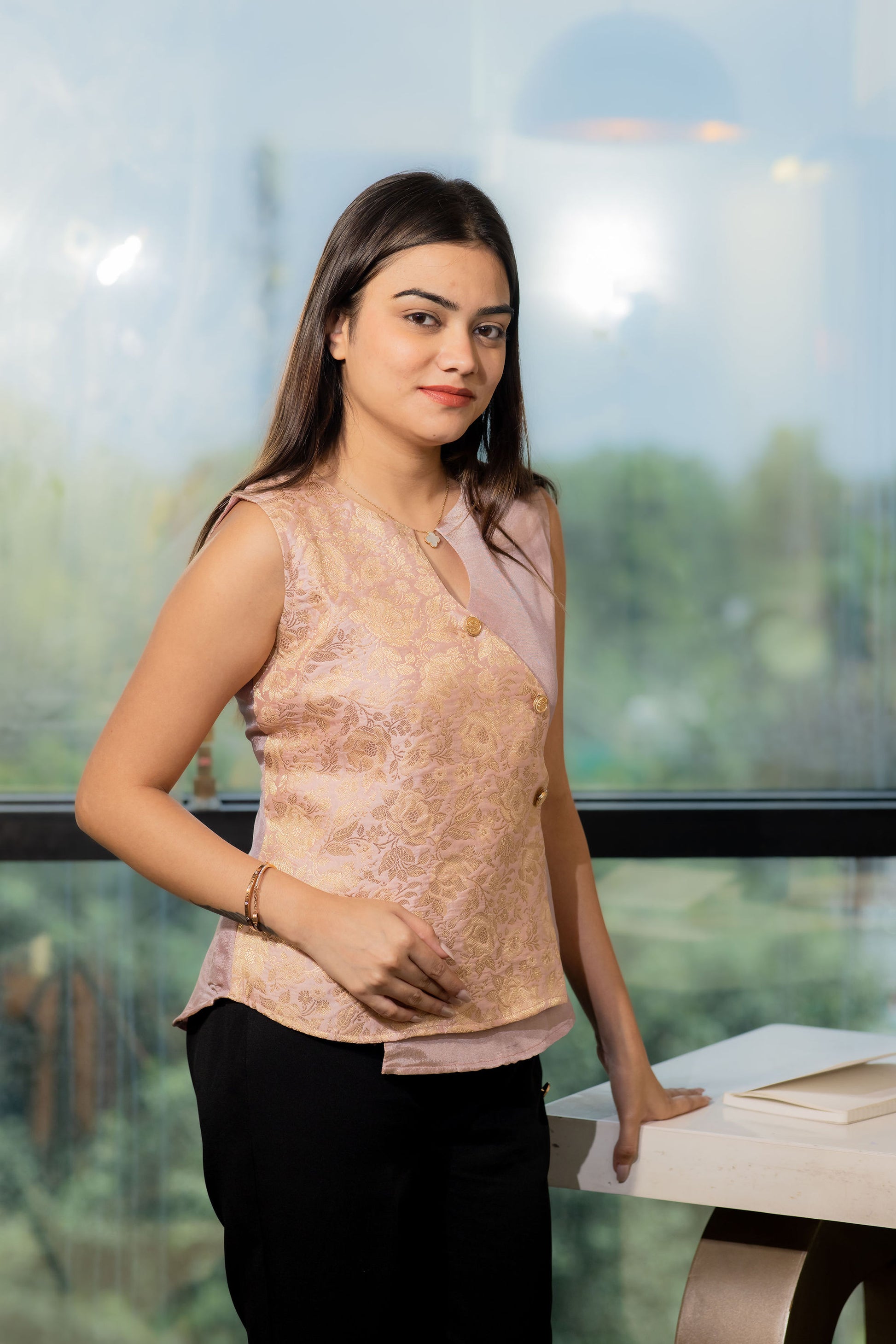 Brocade Pink coordset with gold buttons and black pants-esseneur