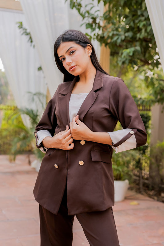 Brown Crepe coat with Cream Satin Detailing on Cuffs and gold butoons EWCT0003-BRNGB